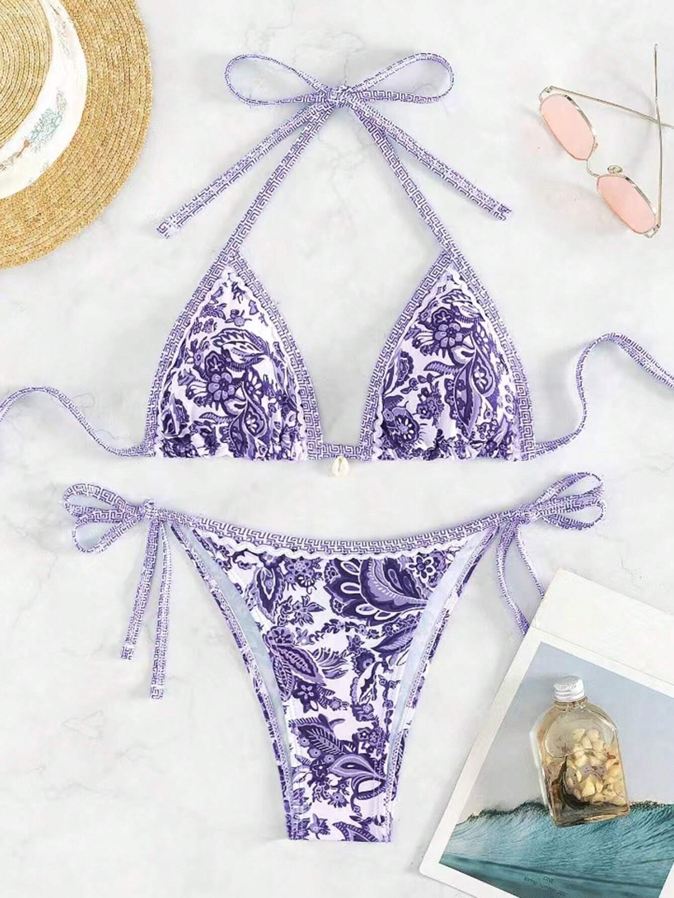 Swim Vcay Summer Beach Women's Floral Printed Halter Neck Bikini Set