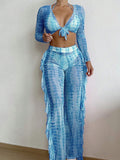 Slaydiva Summer Beach Women Tie Dye Halter Bikini Set With Separated Bikini Set, Cover-Up Shirt, Long Pants