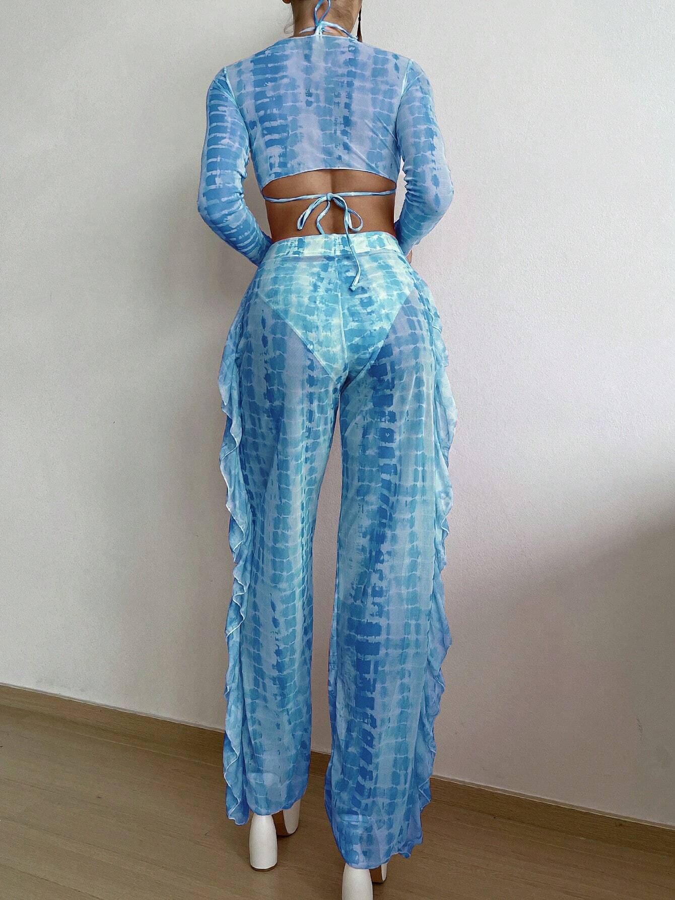 Slaydiva Summer Beach Women Tie Dye Halter Bikini Set With Separated Bikini Set, Cover-Up Shirt, Long Pants - image 2