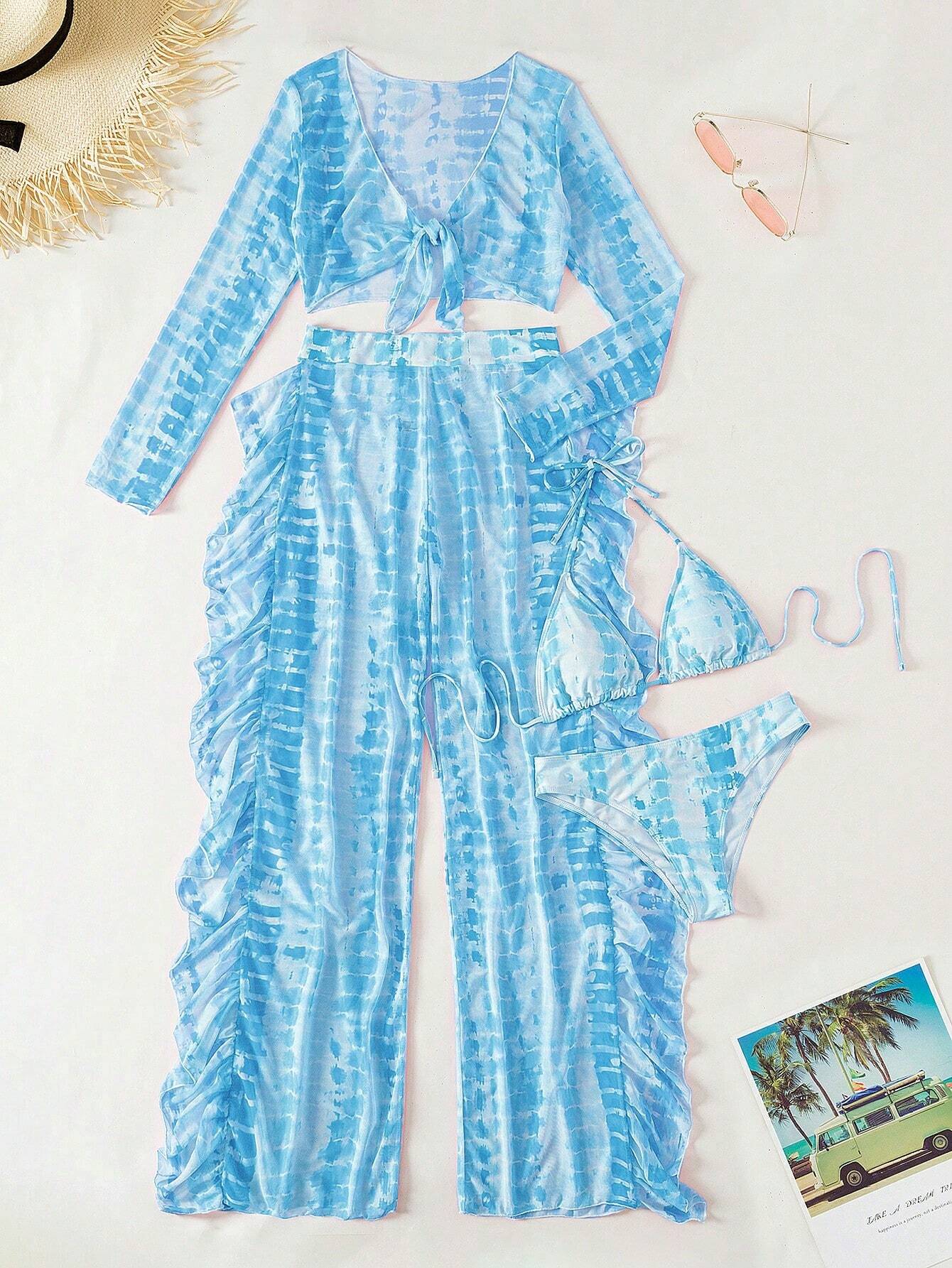 Slaydiva Summer Beach Women Tie Dye Halter Bikini Set With Separated Bikini Set, Cover-Up Shirt, Long Pants - image 3