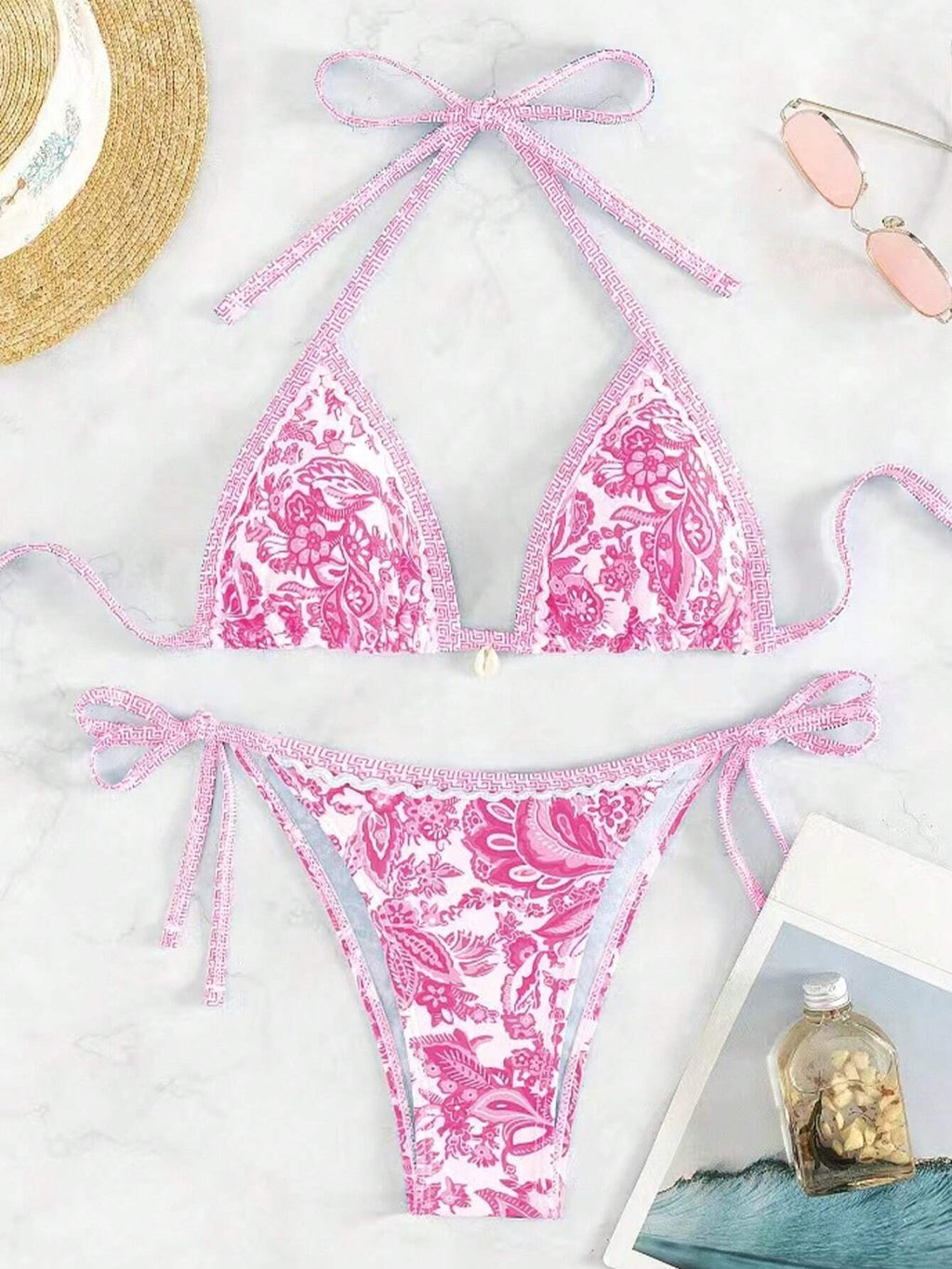 Swim Vcay Summer Beach Women's Floral Printed Halter Neck Bikini Set