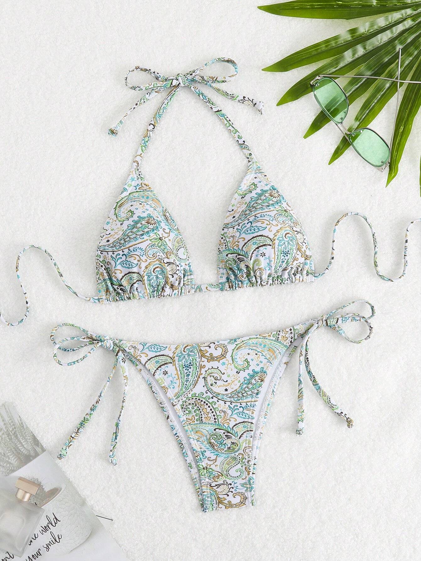 Swim Vcay Women's Summer Beach Botanical Print Halter Neck Tie Sexy