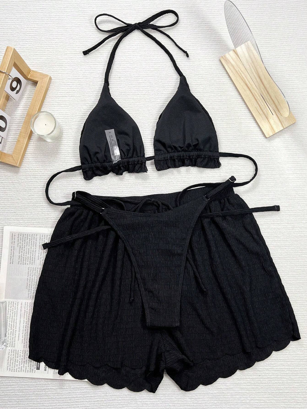 Swim Vcay Women Summer Beach Solid Frill Trim Halter Neck Simple And Stylish Bik