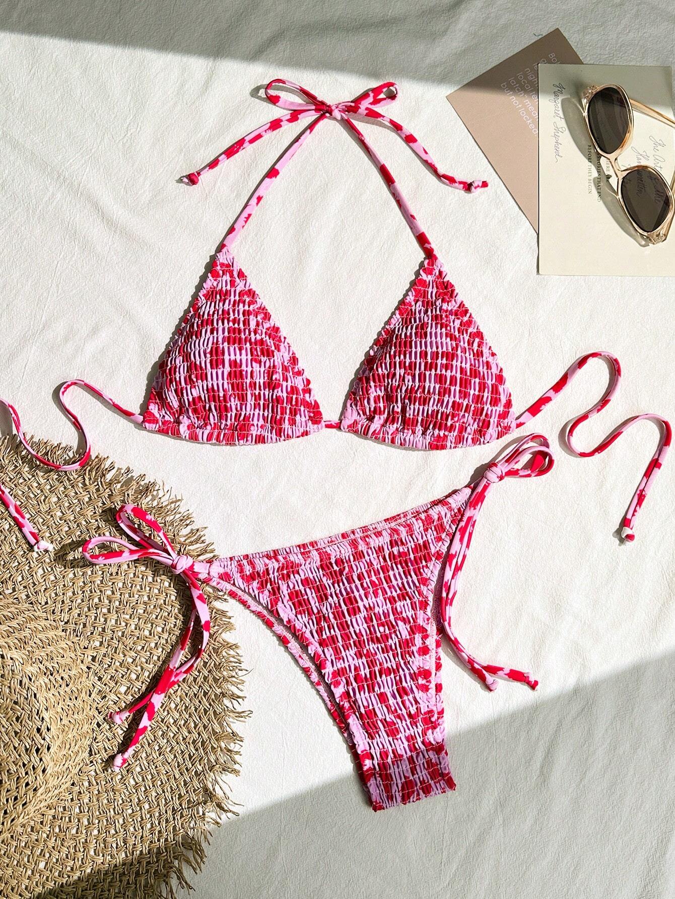 Swim Vcay Women Halter Neck Tie Back Swimwear Top And Bottoms Set,