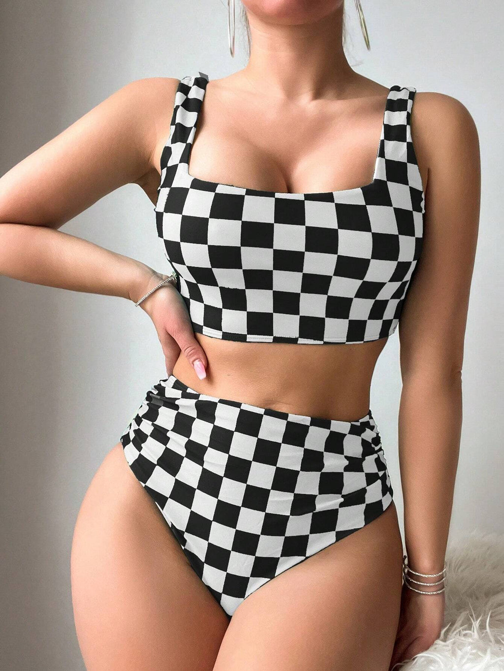 Swim Vcay Summer Beach Women's Checkered Print Bikini Set, Vacation