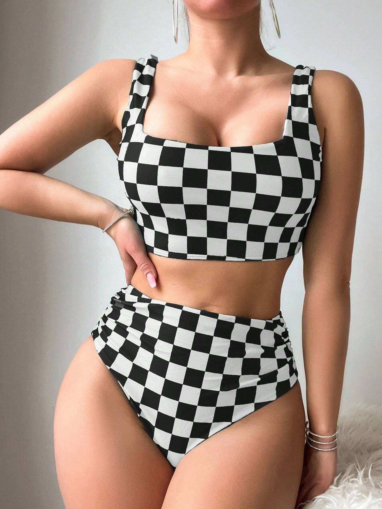 Swim Vcay Summer Beach Women's Checkered Print Bikini Set, Vacation