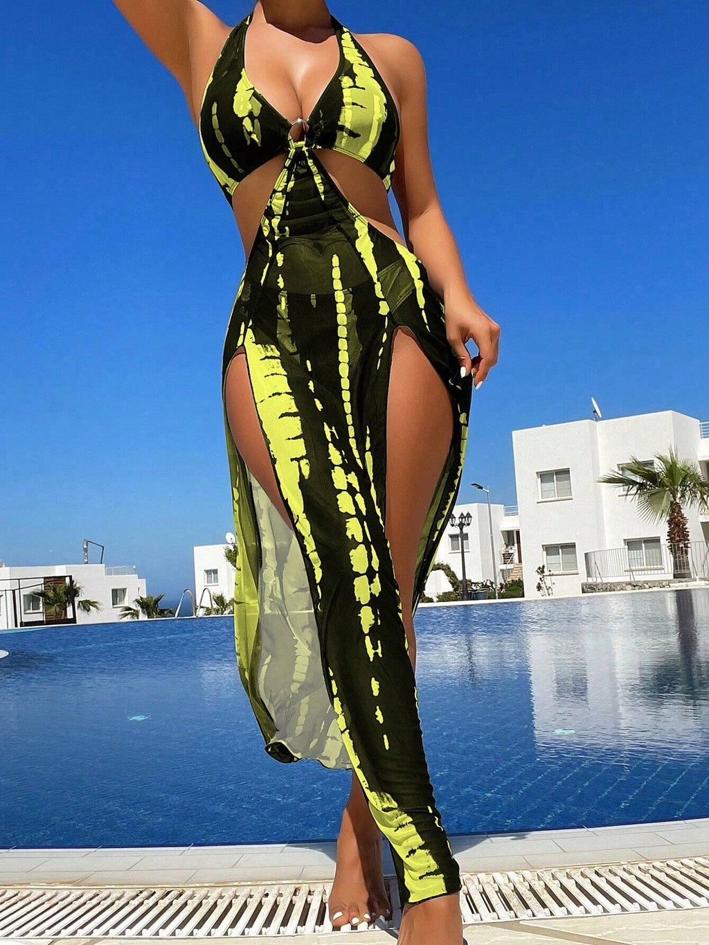 Swim Vcay Summer Beach Tie-Dye Metal Ring Cutout Backless Knot High