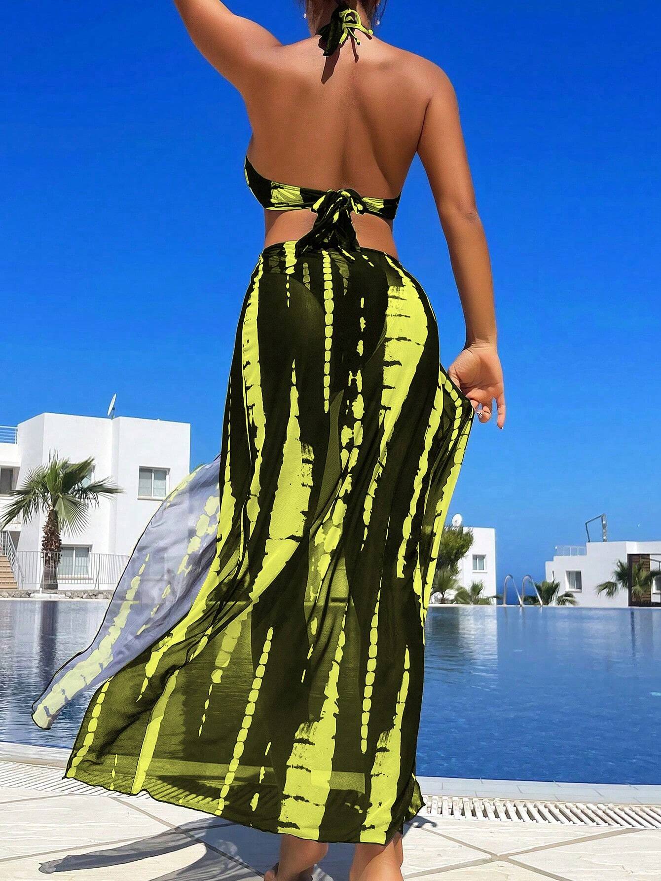 Swim Vcay Summer Beach Tie-Dye Metal Ring Cutout Backless Knot High