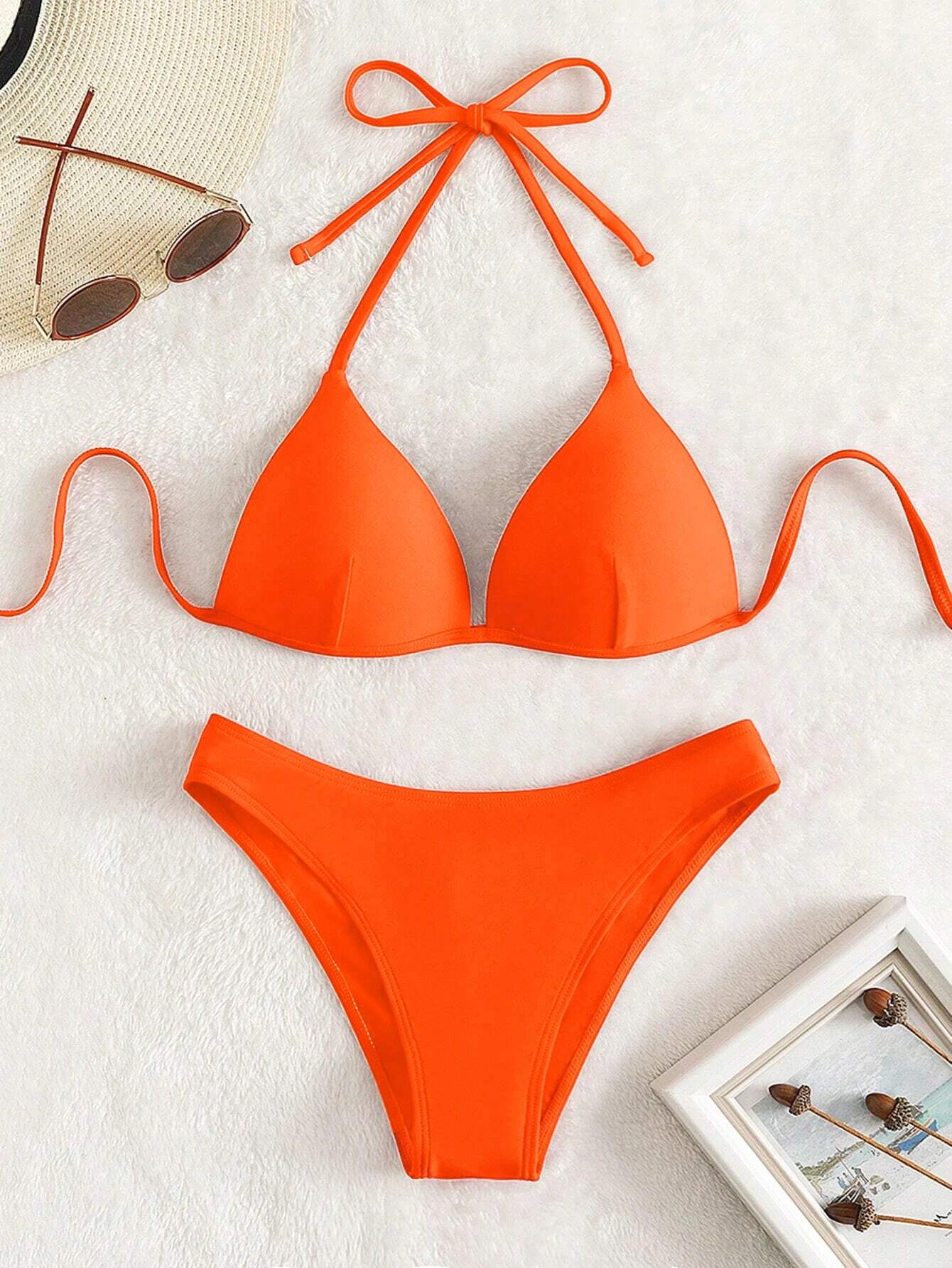 Swim Basics Summer Beach Solid Bikini Set Push Up Bra & Bikini Bottom