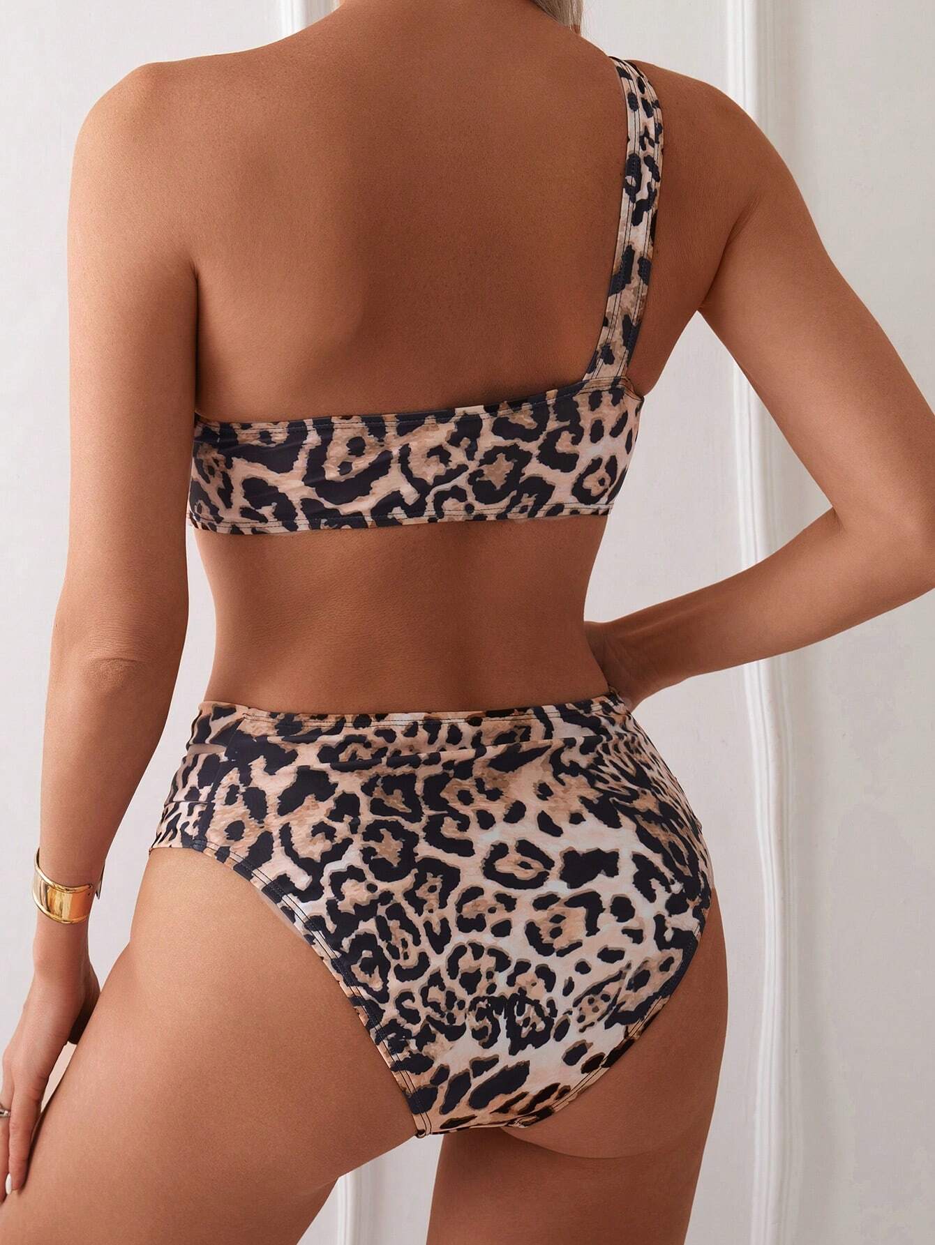 Swim 2pcs Women Leopard Print Hollow Out One Shoulder Bikini Set,
