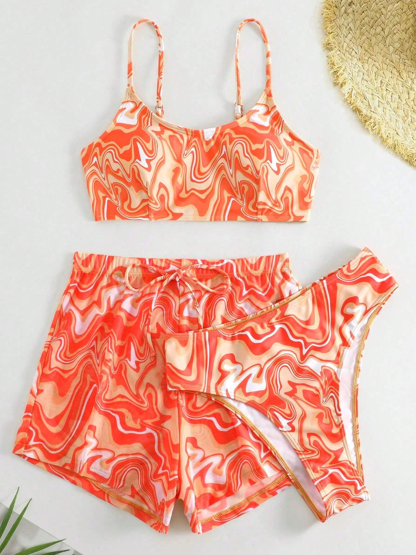 Swim Lushoire Women's Summer Beach Palm Tree Print Bikini Set With Shorts, Rando