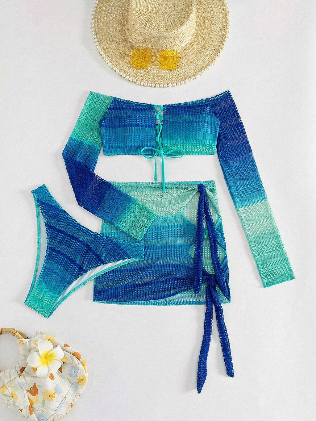 Swim Mod 2026 Spring/Summer 3-Piece Swimsuit Set: Women's Blue Lace