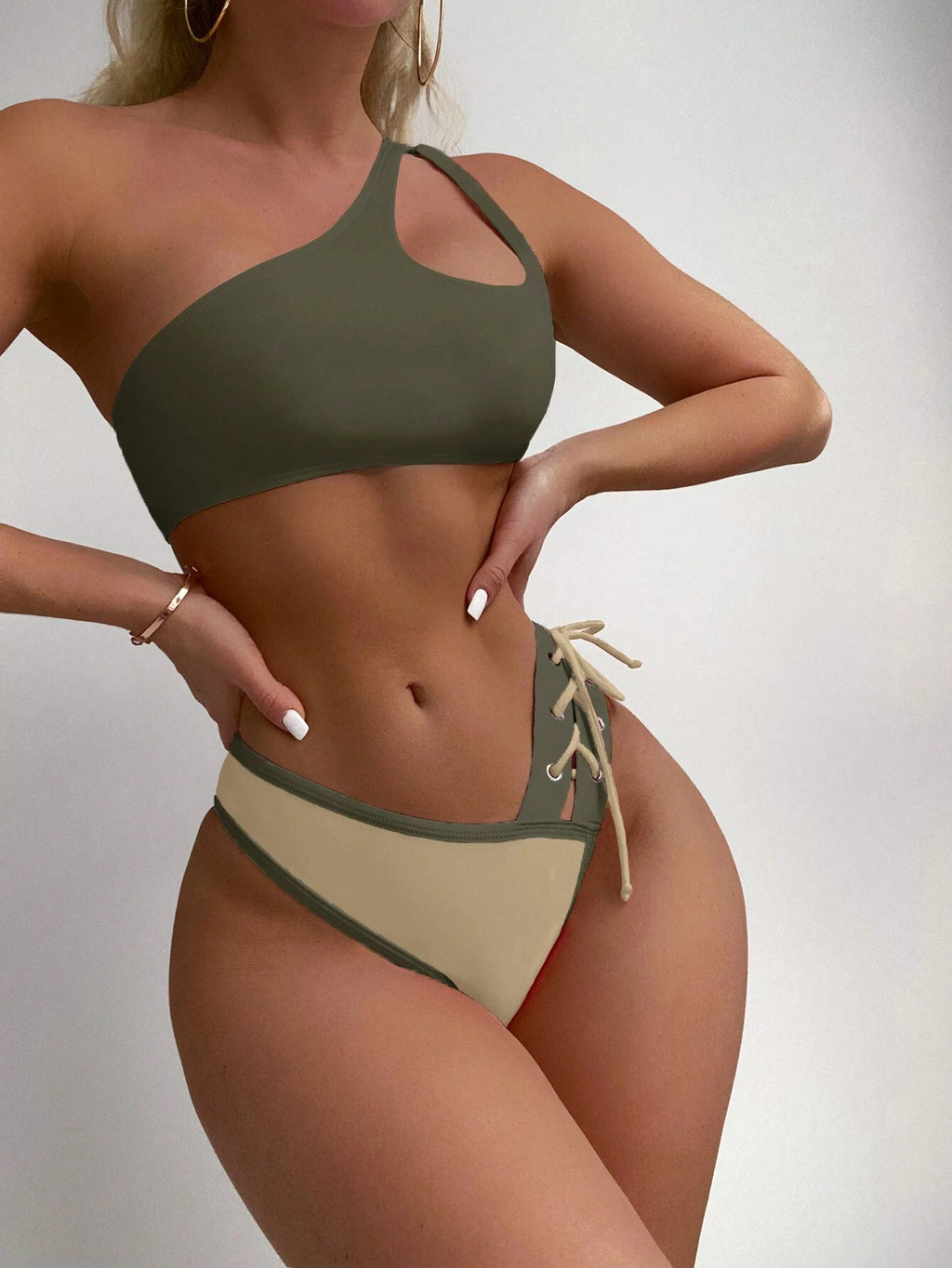 Swim Summer Beach Color Block Asymmetrical One Shoulder Neon Bikini