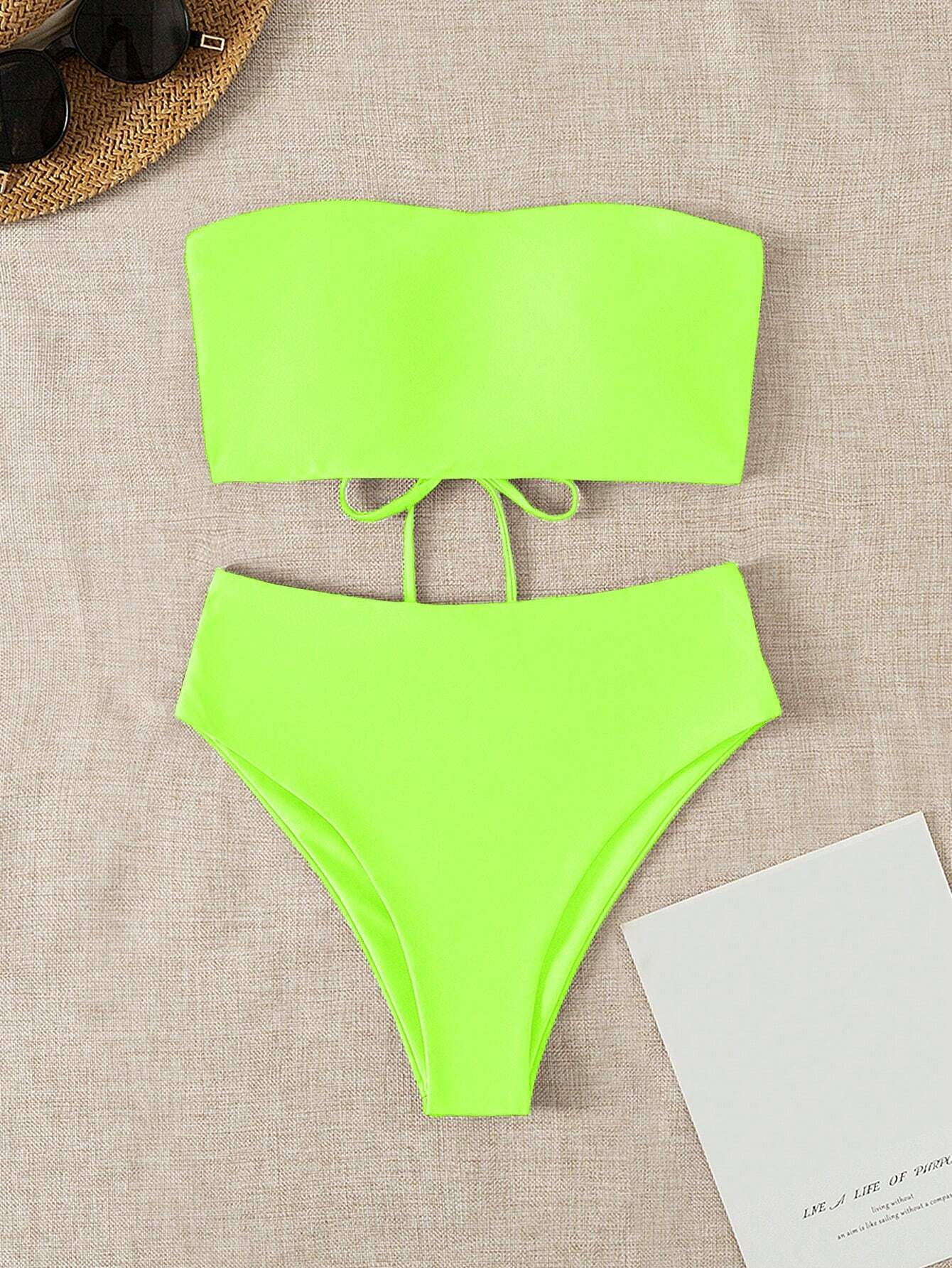 Summer Beach Vacation Solid Reversible Strapless Neon Bikini Set