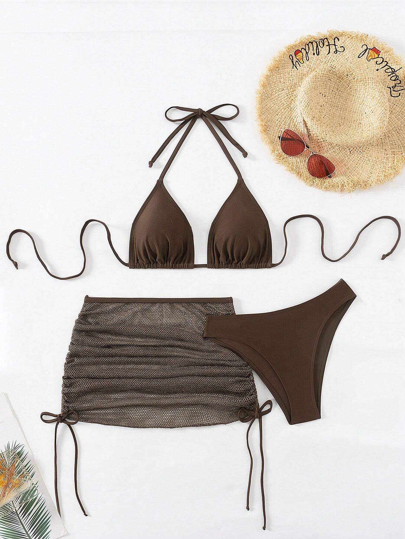 Swim Mod Women Summer Beach Fashion Solid Halter Bra & Swim Bottom