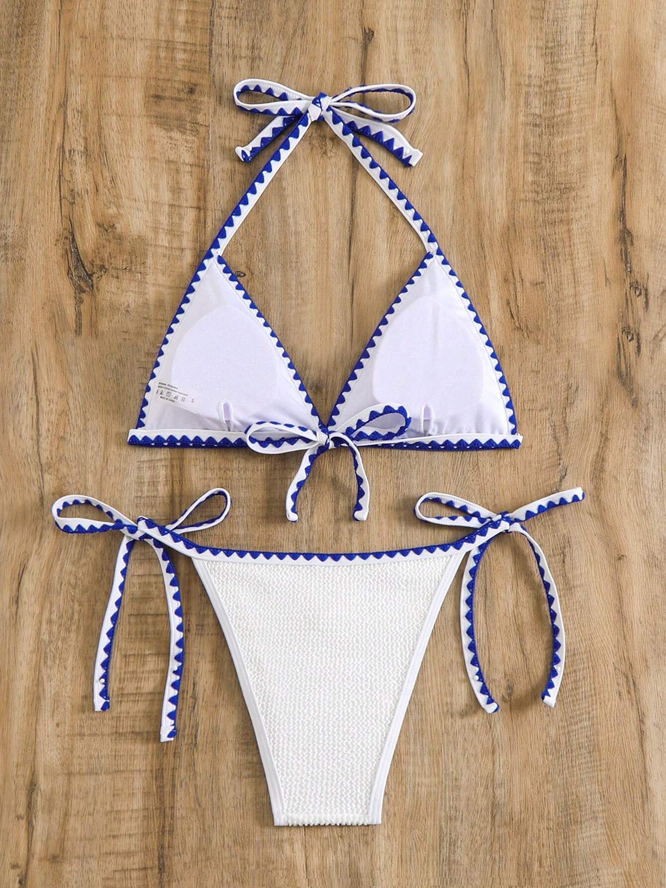 Swim Colorblock Strappy Back Halter Bikini Set Top + Side Tie Bikini