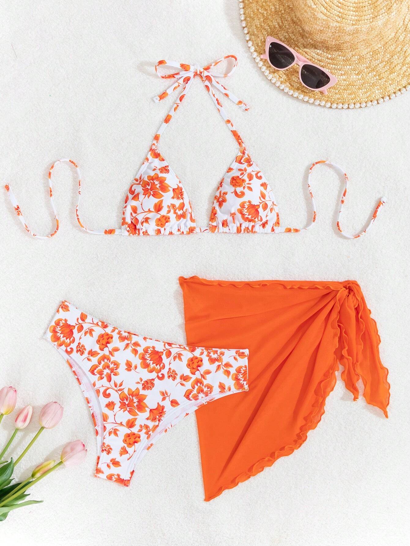 Swim Mod Women's Summer Beach Floral Print Halter Tie Sexy Bikini And