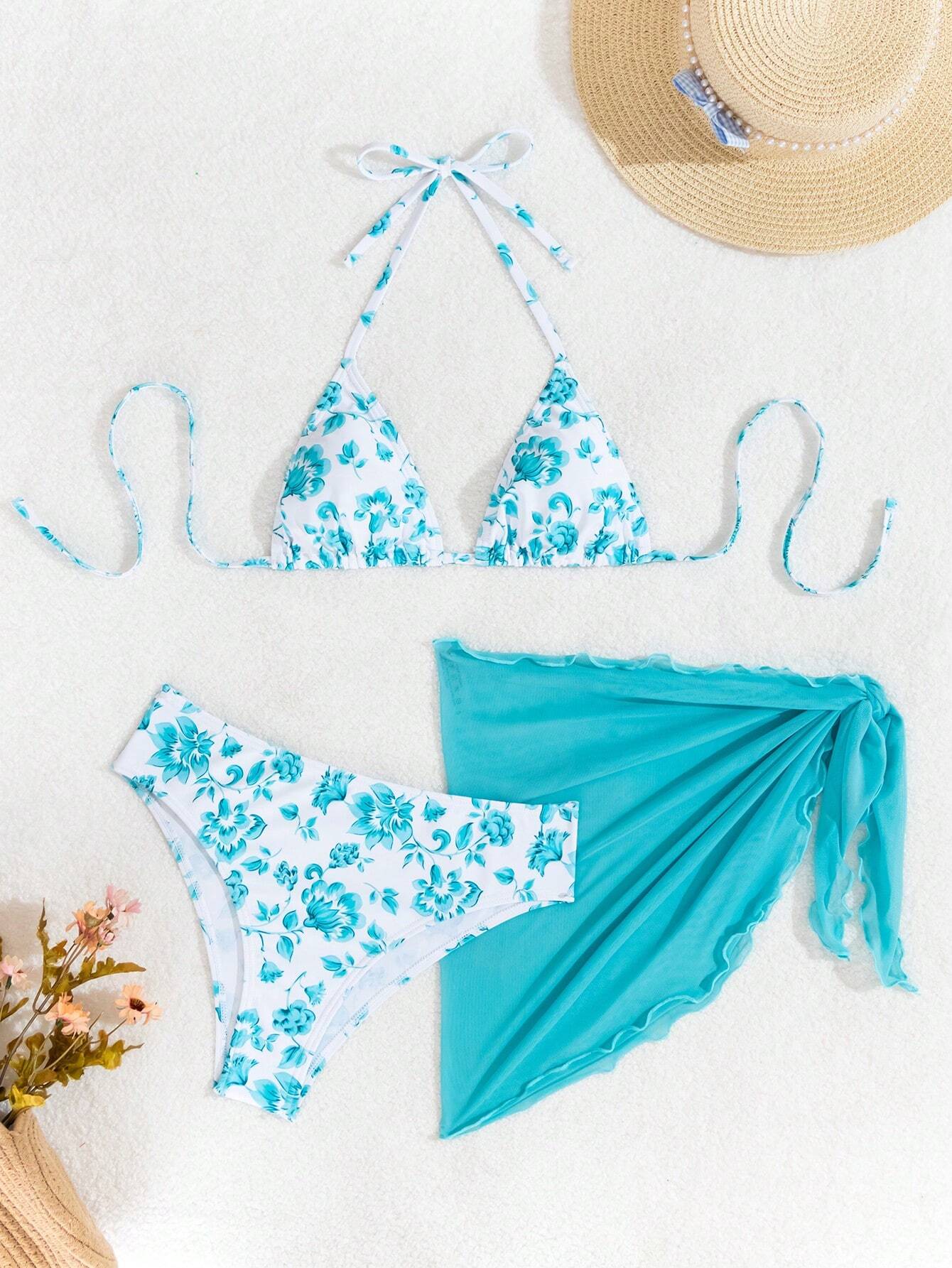 Swim Mod Women's Summer Beach Floral Print Halter Tie Sexy Bikini And