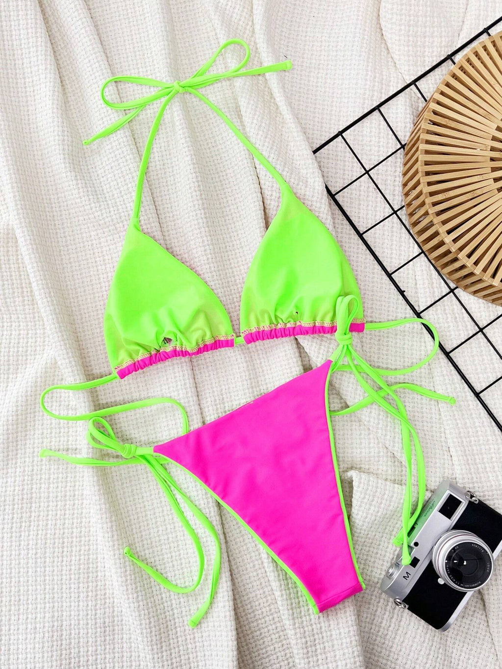 Swim SXY Summer Beach Contrast Neon Trim Halter Triangle Tie Side