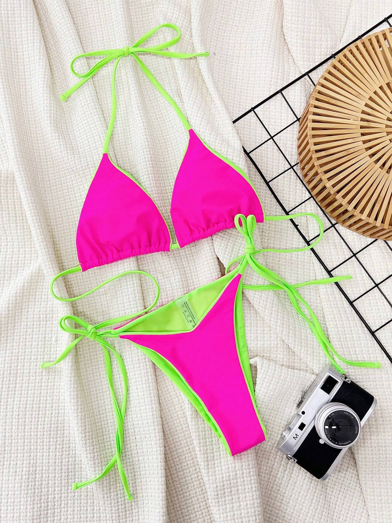 Swim SXY Summer Beach Contrast Neon Trim Halter Triangle Tie Side