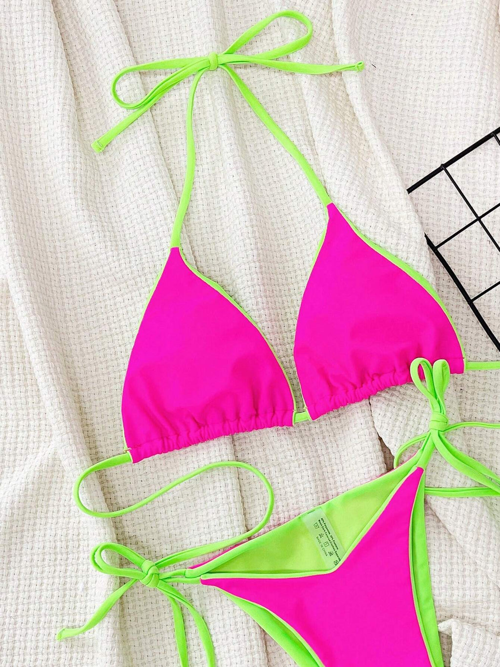 Swim SXY Summer Beach Contrast Neon Trim Halter Triangle Tie Side