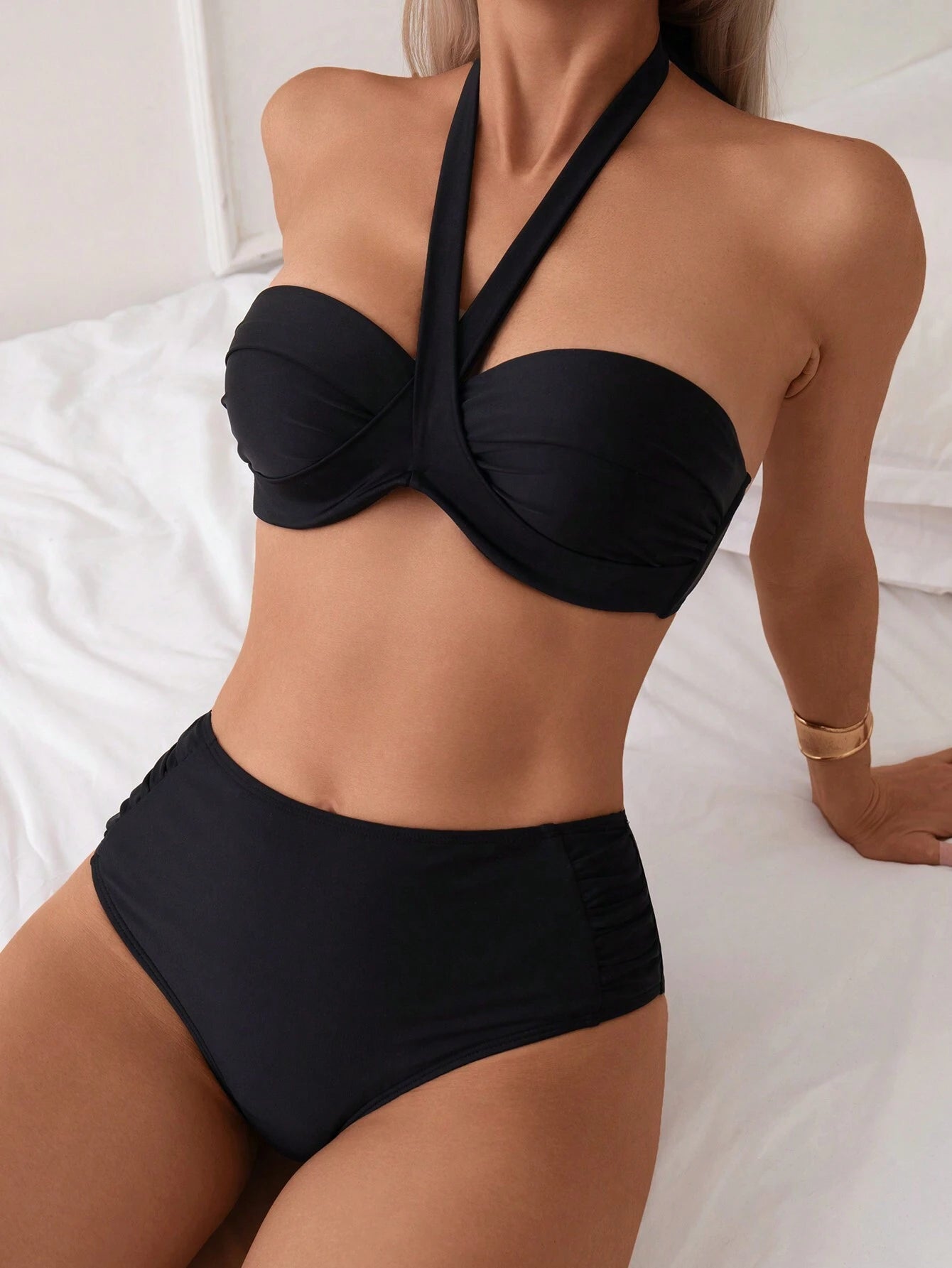 Swim Women Solid Color Halter Neck Tie Sexy Bikini Set For Holiday,Summer Beach