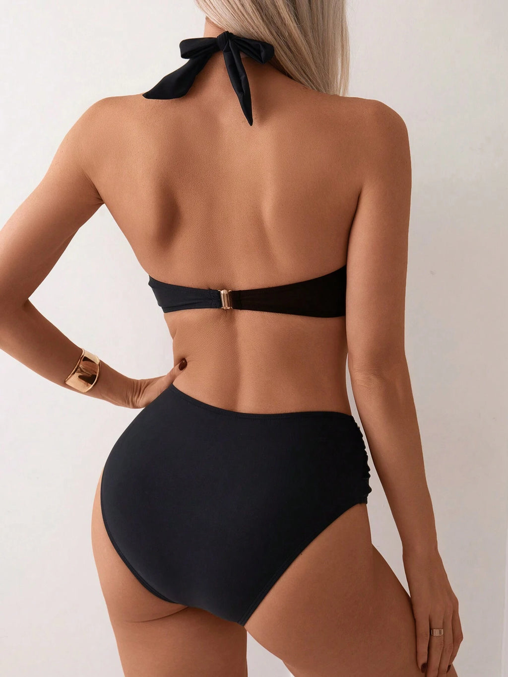 Swim Women Solid Color Halter Neck Tie Sexy Bikini Set For