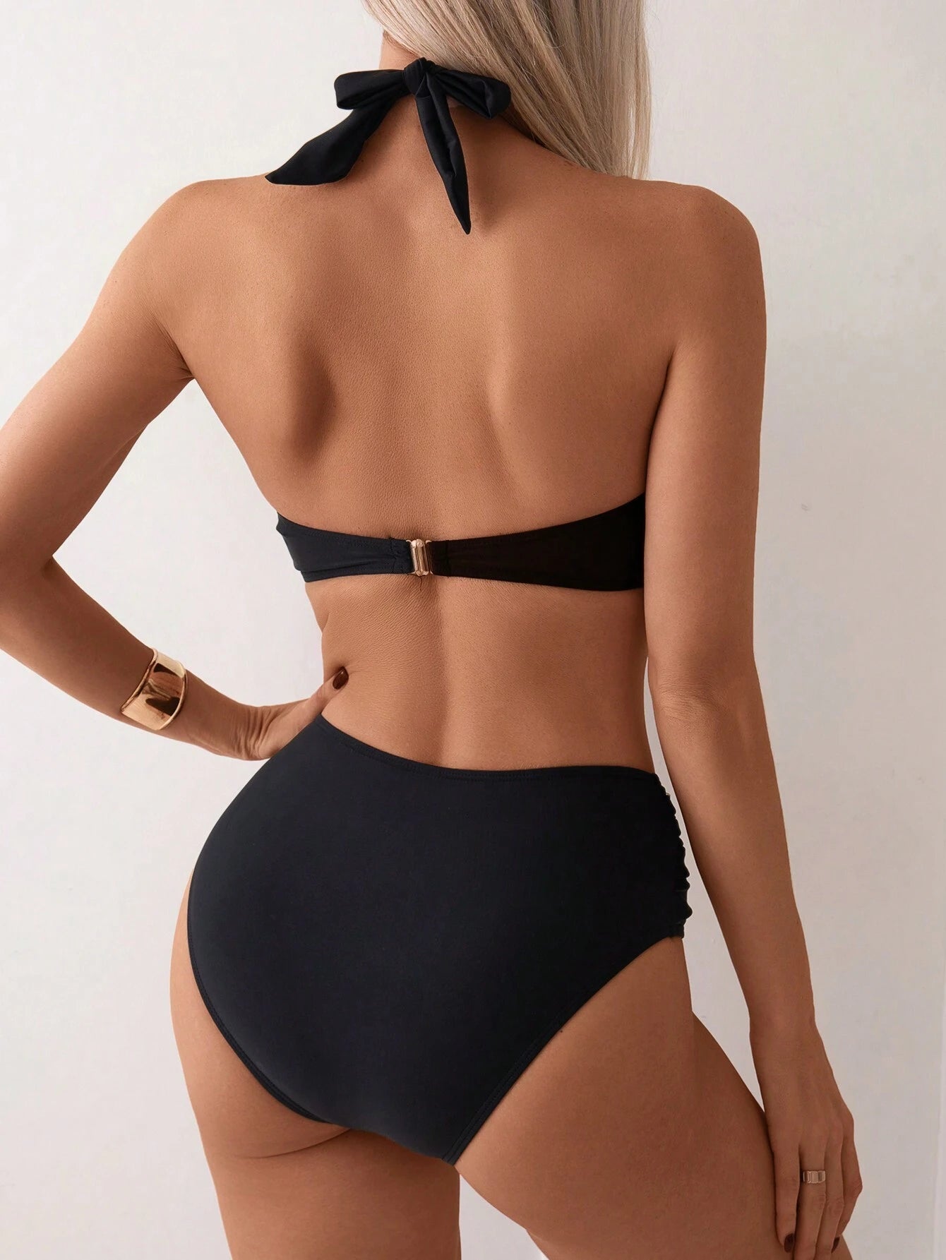 Swim Women Solid Color Halter Neck Tie Sexy Bikini Set For