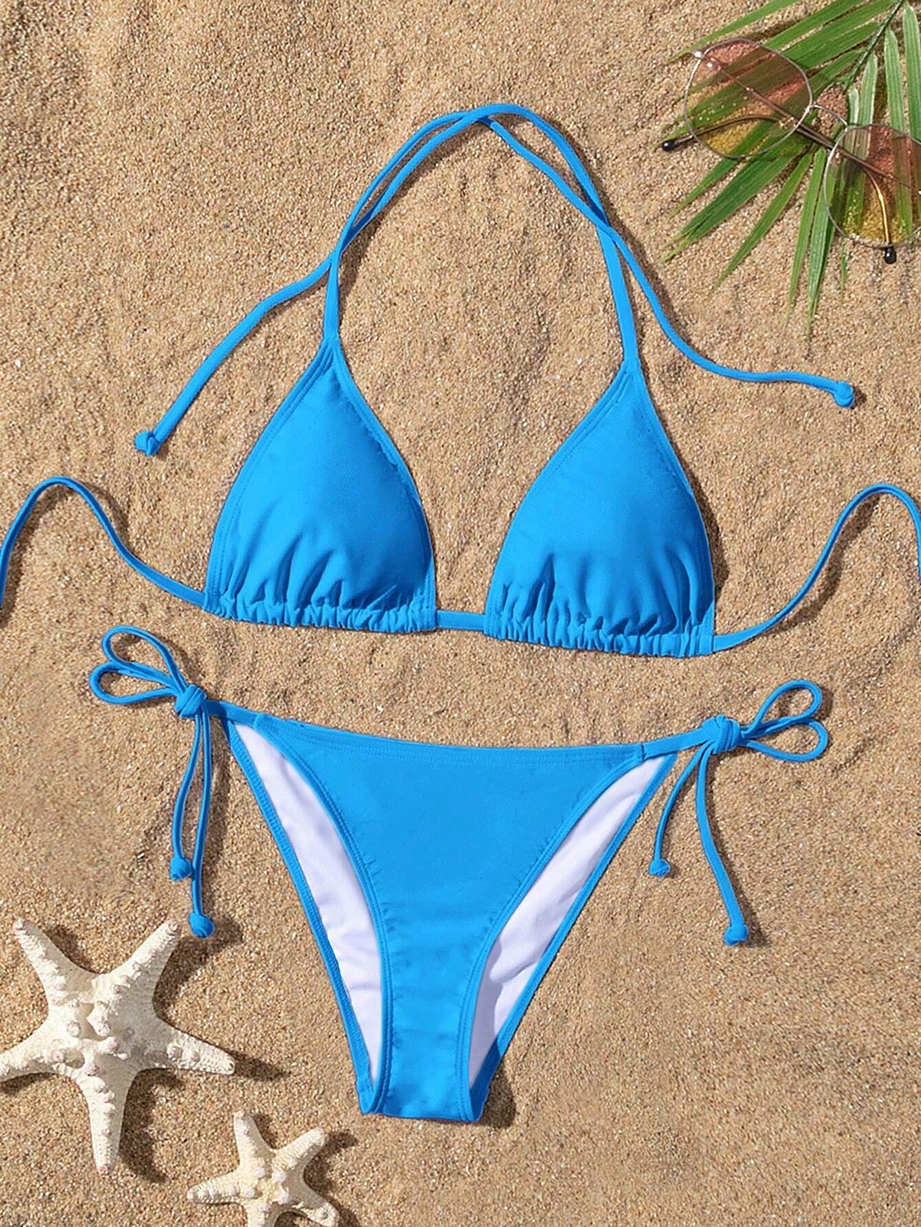 Swim Basics Summer Beach Women's Solid Color Halter Neck Tie Sexy