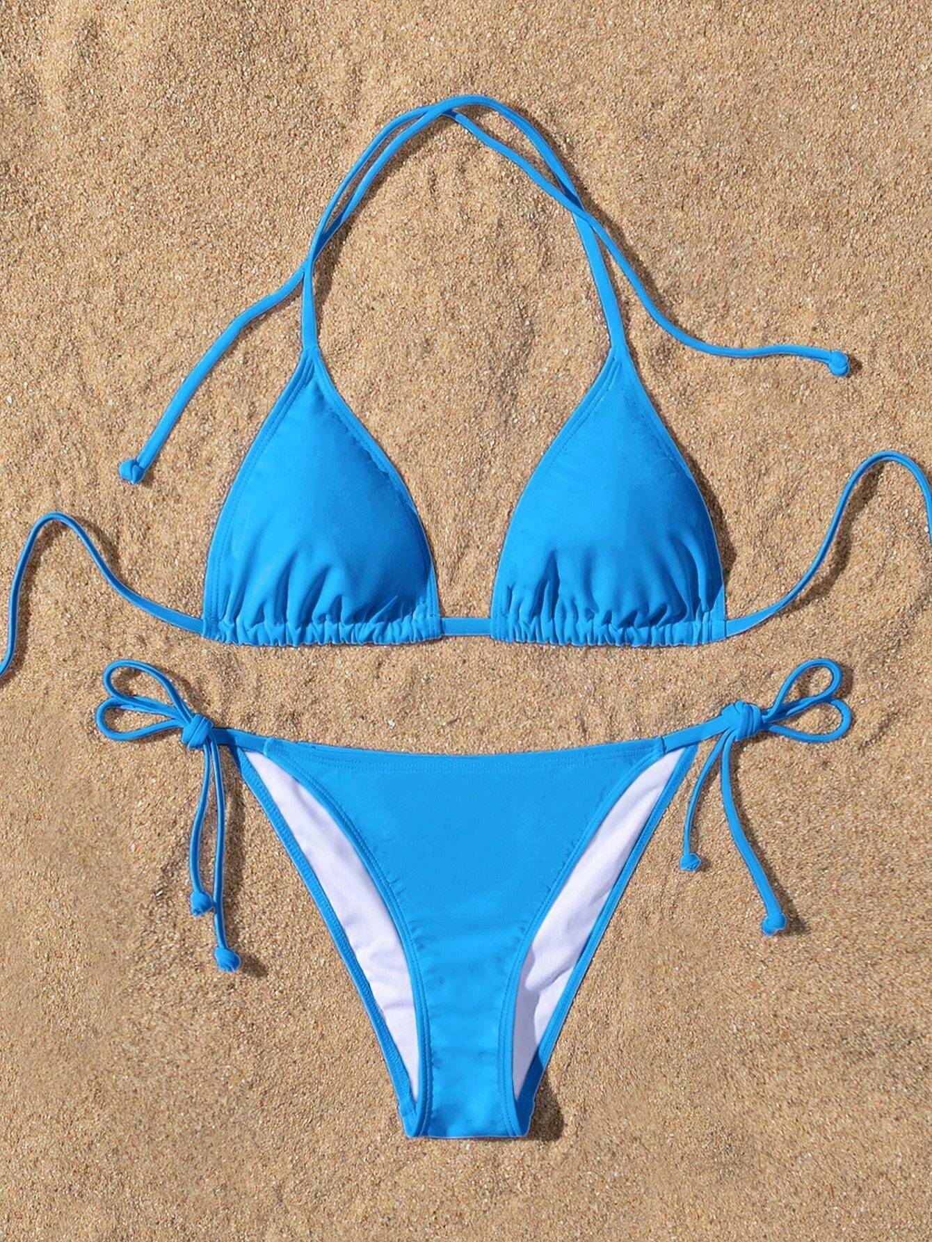 Swim Basics Summer Beach Women's Solid Color Halter Neck Tie Sexy