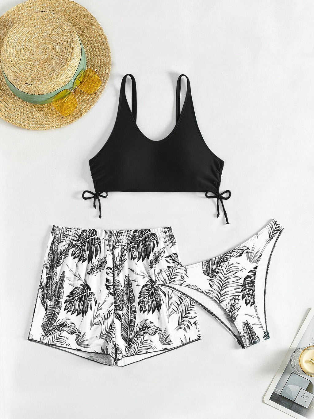 Swim Lushoire Patchwork Tropical Print Round Neck Bikini Set, Summer Beach
