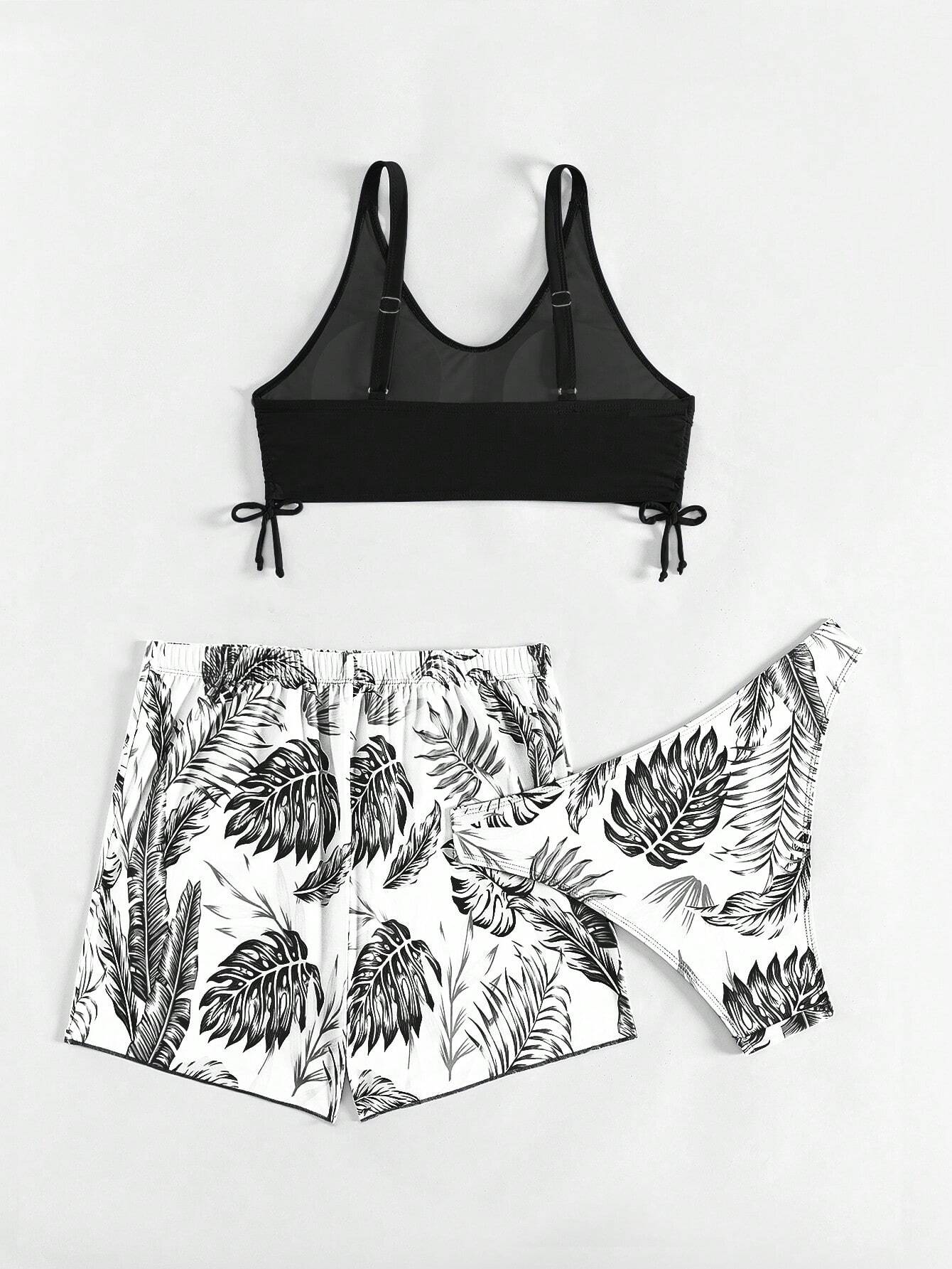Swim Lushoire Patchwork Tropical Print Round Neck Bikini Set, Summer Beach