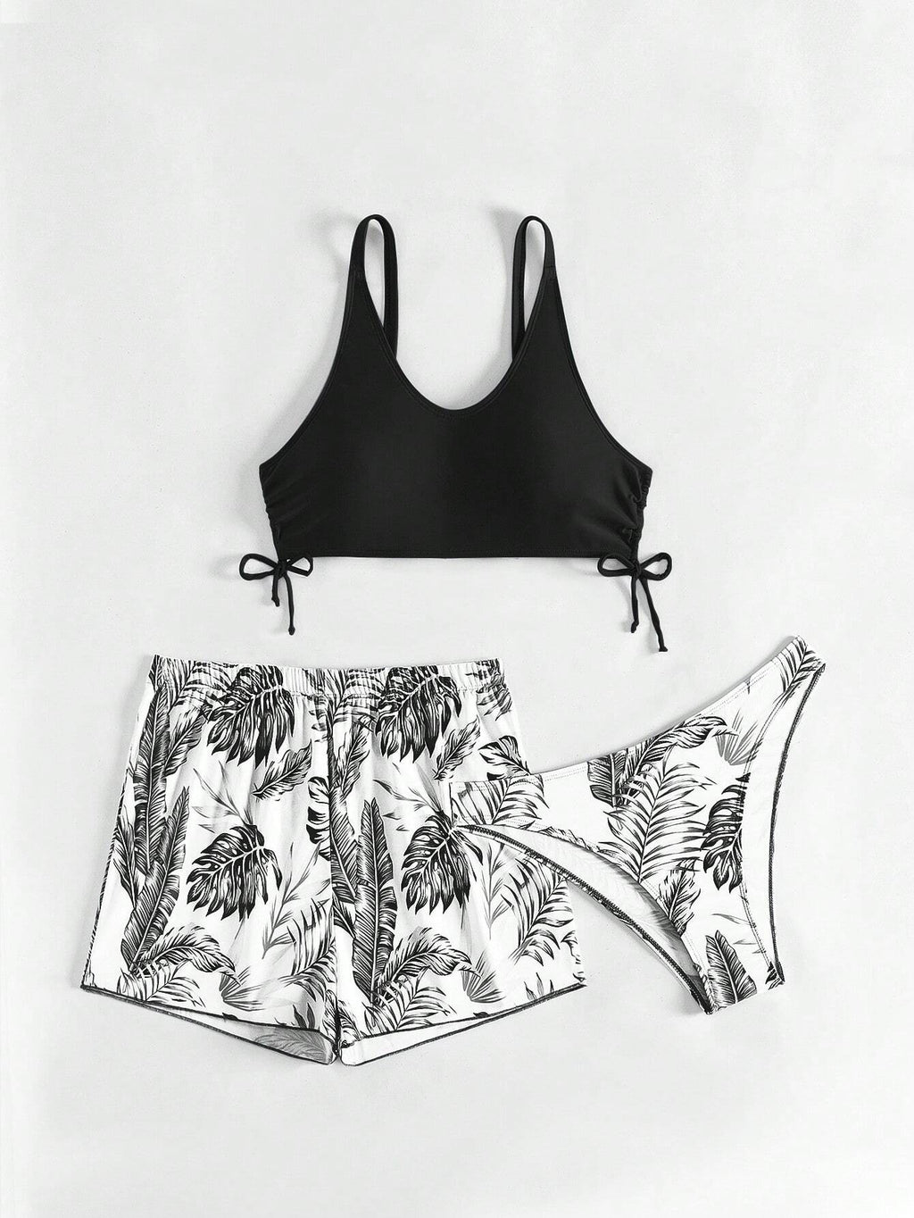 Swim Lushoire Patchwork Tropical Print Round Neck Bikini Set, Summer Beach