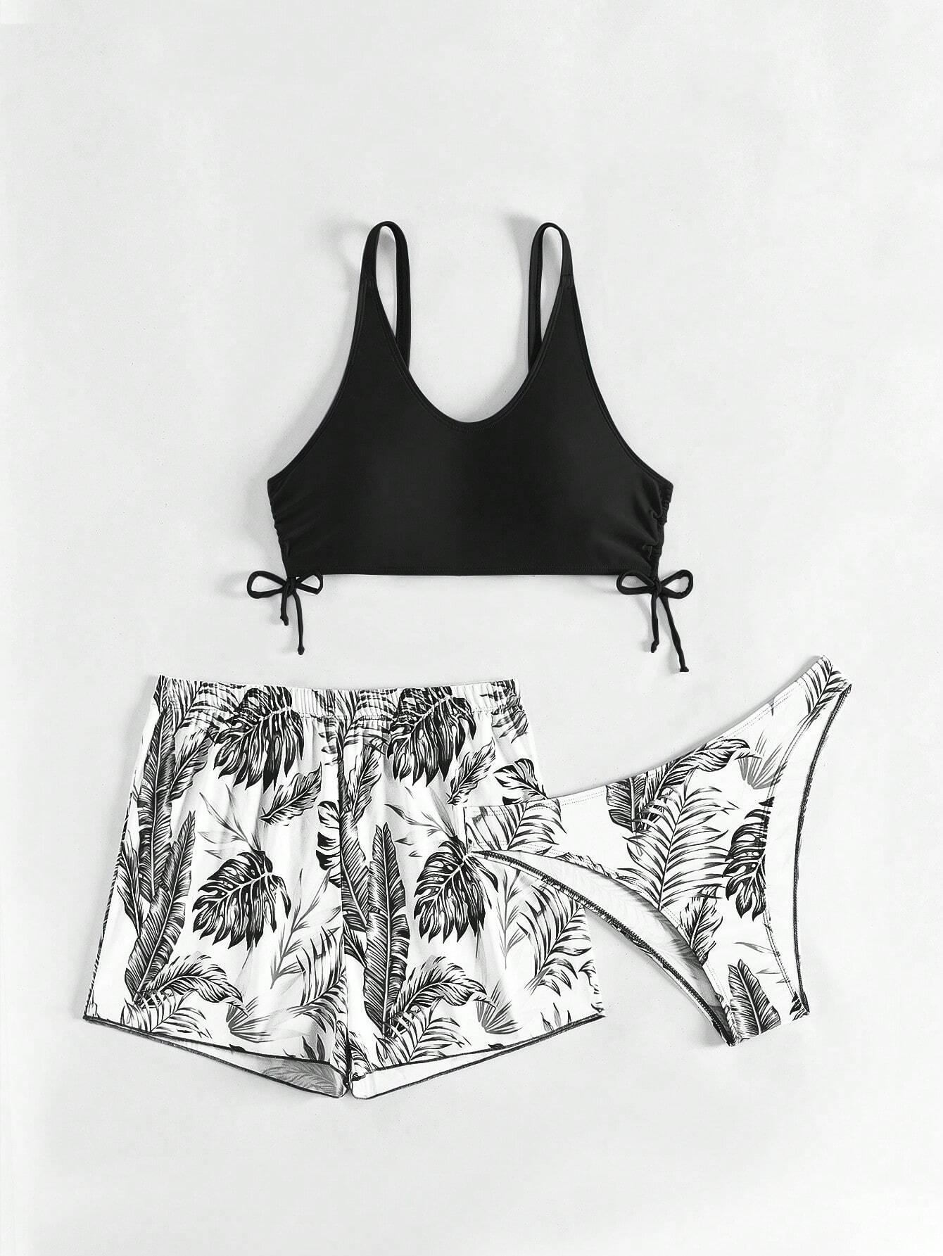 Swim Lushoire Patchwork Tropical Print Round Neck Bikini Set, Summer Beach