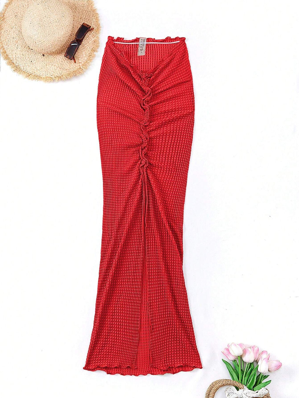 Swim Vcay Summer Beach Ruched Lettuce Trim Split Thigh Cover Up Skirt - image 9