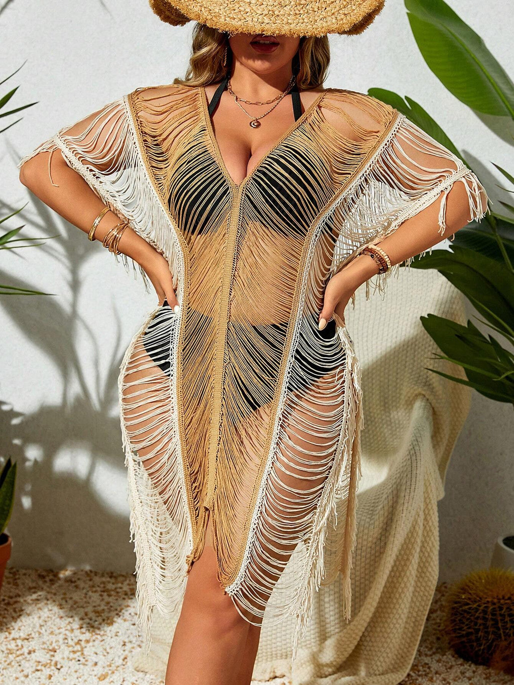 Swim SXY Summer Beach Plus Open Stitch Batwing Sleeve Fringe Hem Cover Up Dress Without Bikini Set - image 13