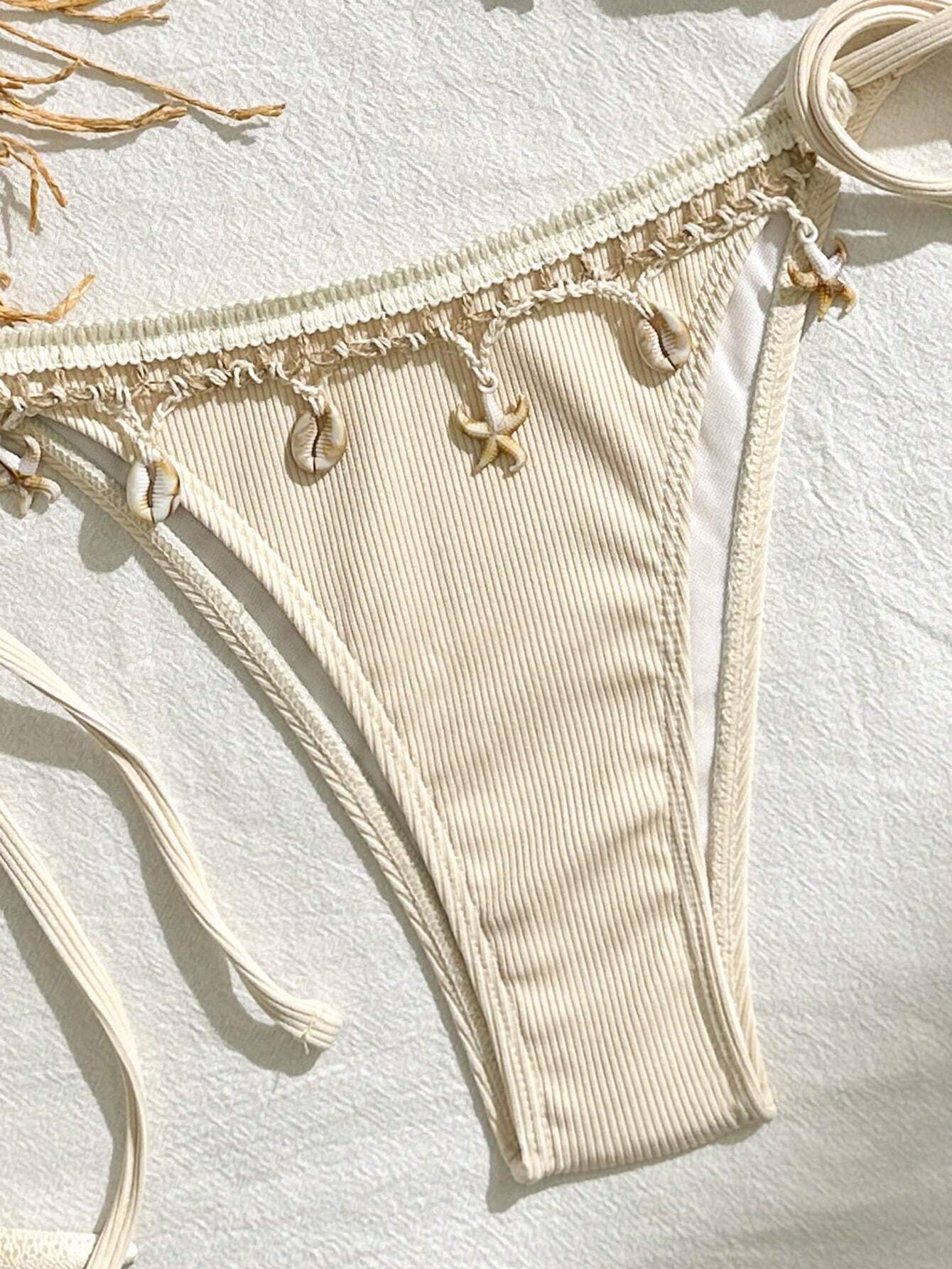 Bikinx Women's Solid Color Satin Ribbon & Shell Decor Triangle Cup