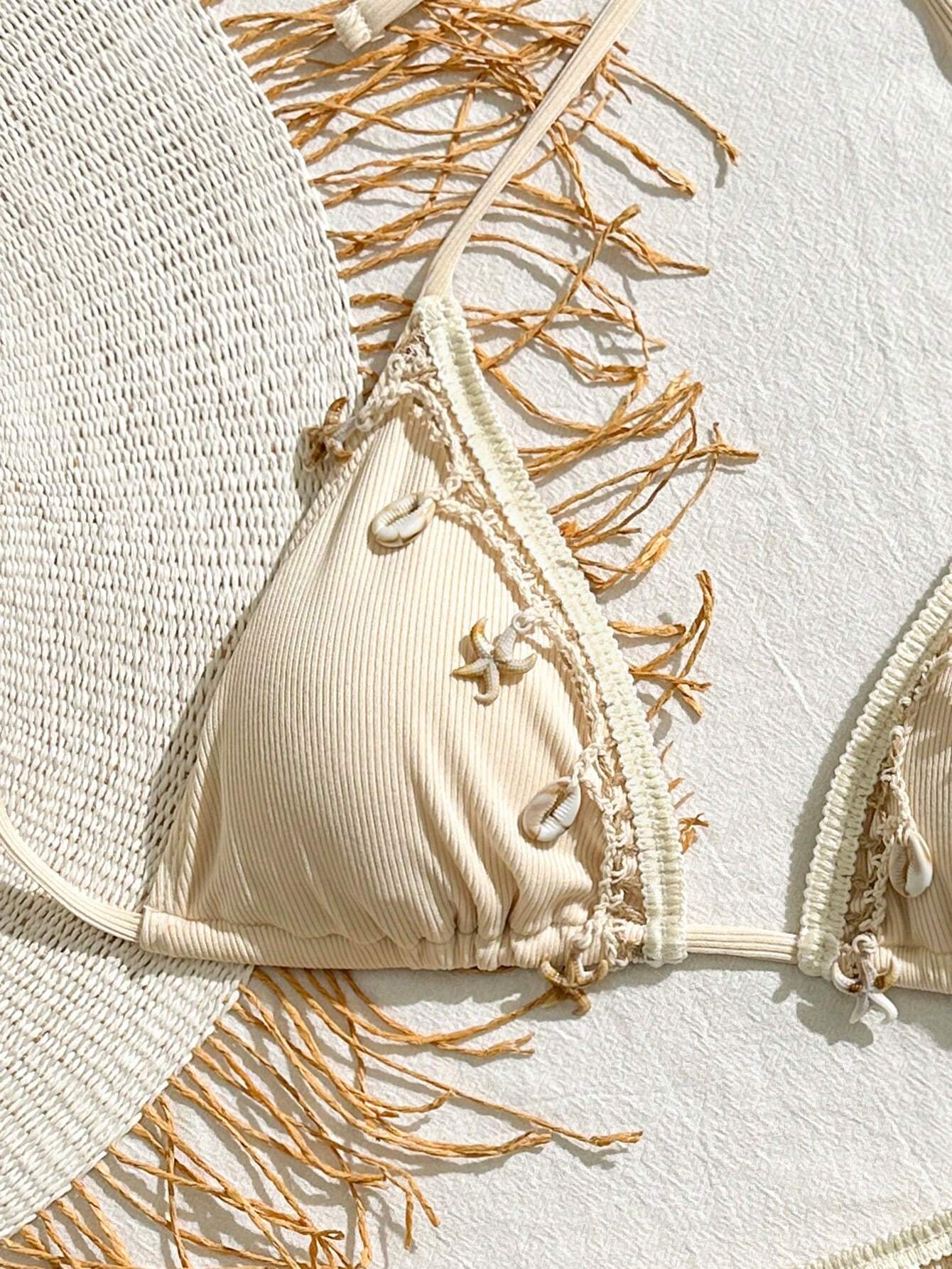 Bikinx Women's Solid Color Satin Ribbon & Shell Decor Triangle Cup Tie Bikini Set, Suitable For Beach - image 2