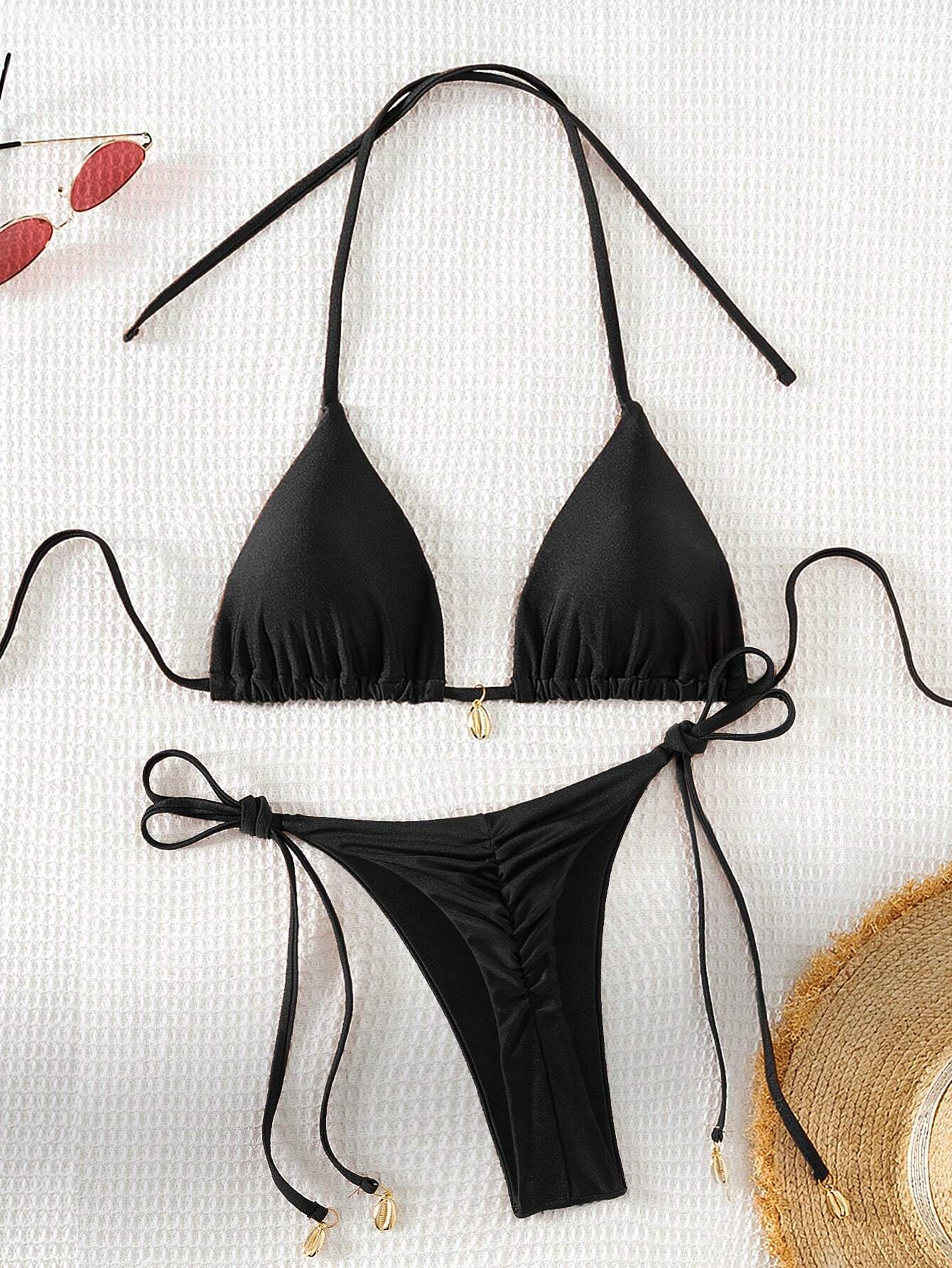 Swim Vcay Solid Triangle Tie Side Bikini Set For Summer Beach Vacation
