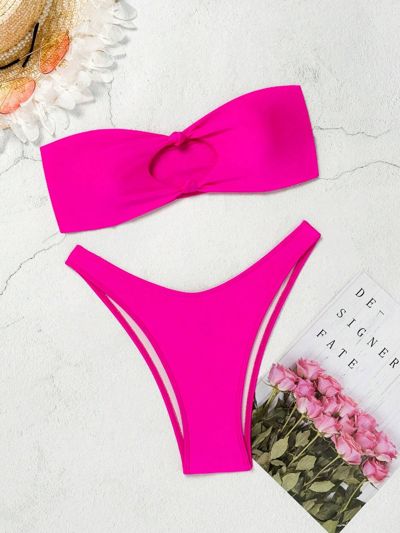 Swim Mod Women's Summer Beach Solid Color Wireless Ruched Bikini Top