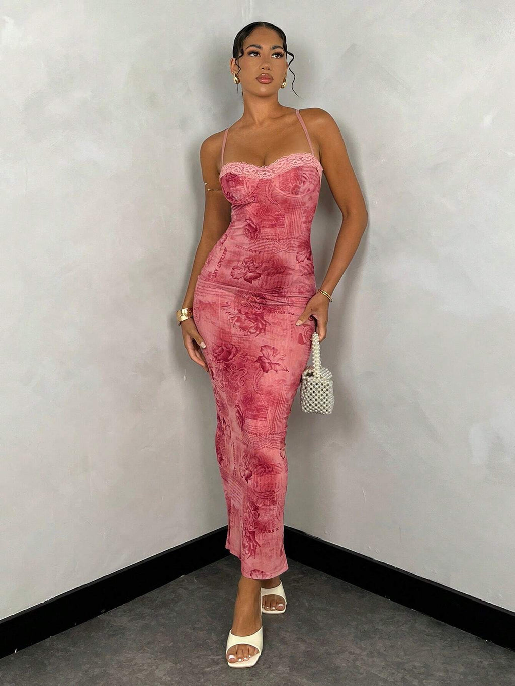 Sexy Vintage Floral Print Lace Bodycon Long Slip Dress For Women, Summer
