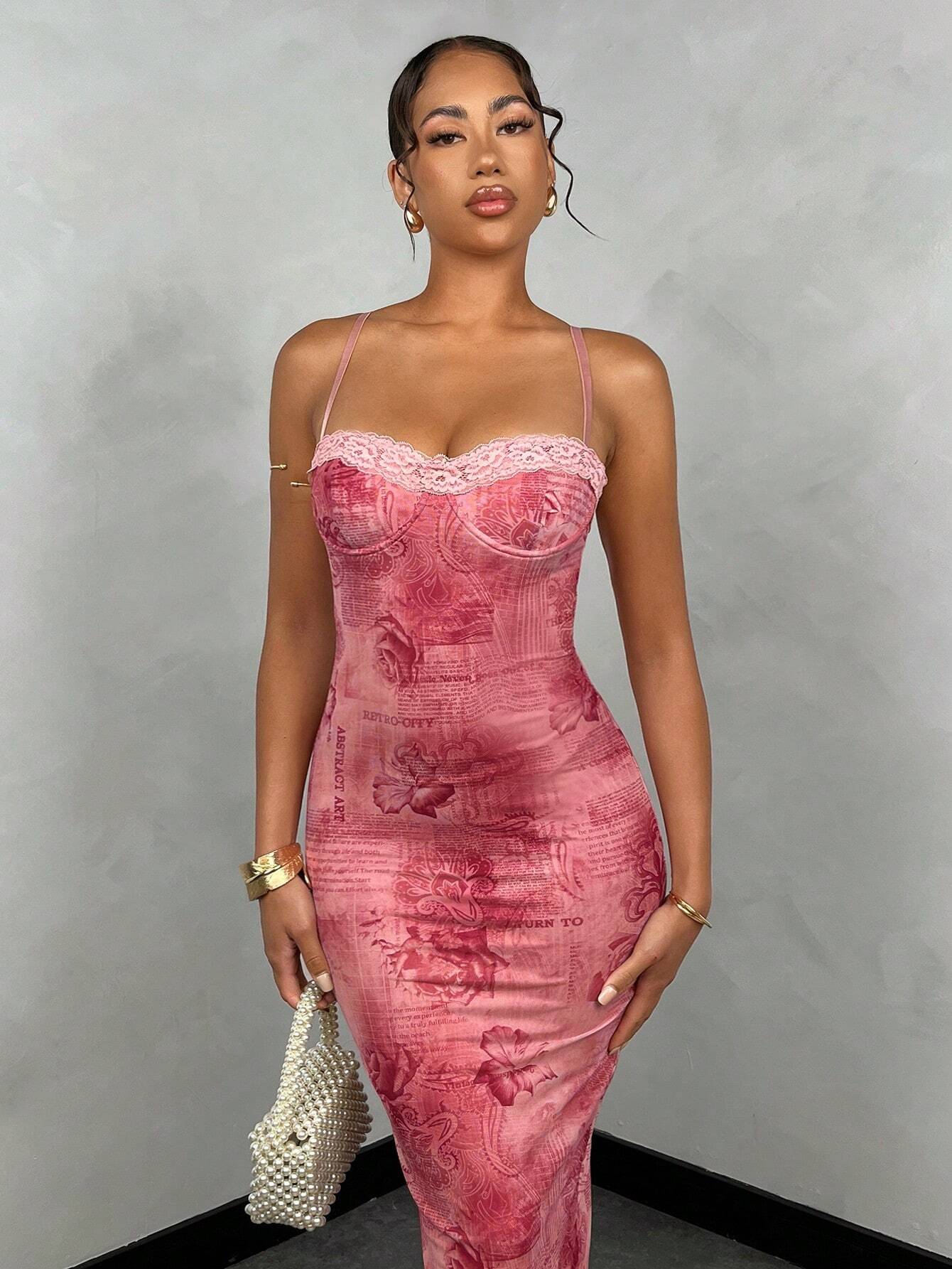 Sexy Vintage Floral Print Lace Bodycon Long Slip Dress For Women, Summer - image 5