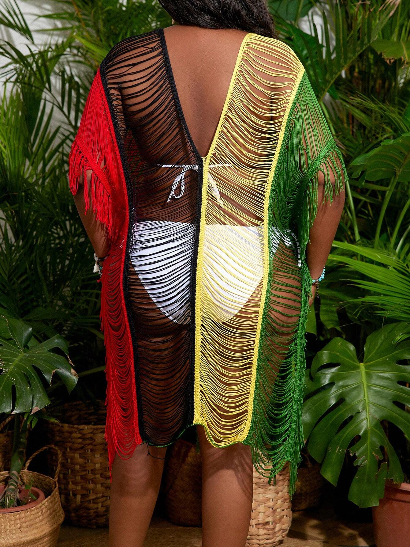 Swim SXY Summer Beach Plus Open Stitch Batwing Sleeve Fringe Hem Cover Up Dress Without Bikini Set - image 2