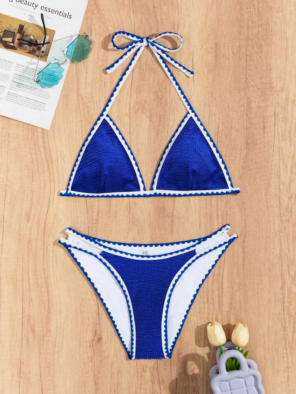 Swim Vcay Summer Beach Whip Stitch Halter Triangle Bikini Set
