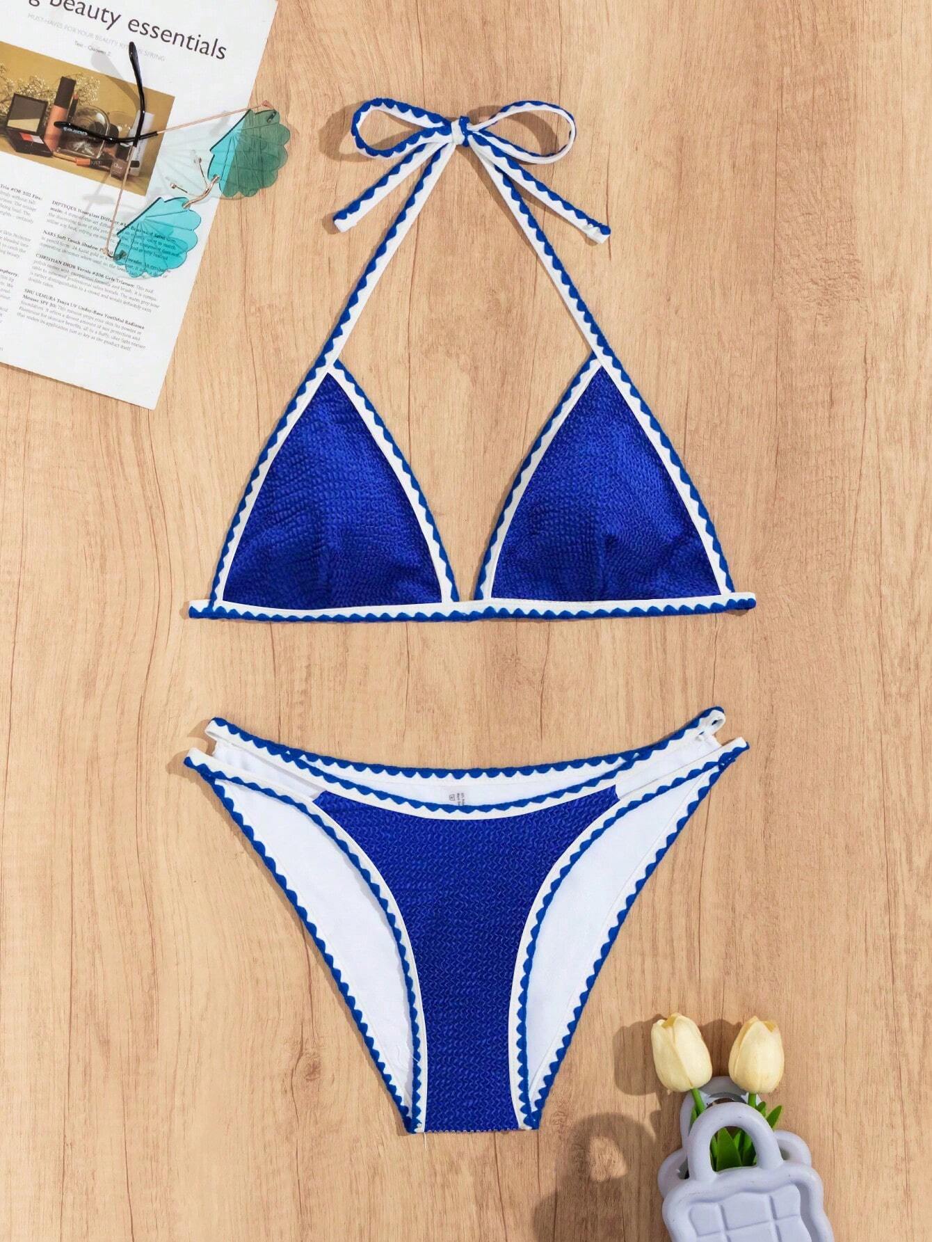 Swim Vcay Summer Beach Whip Stitch Halter Triangle Bikini Set