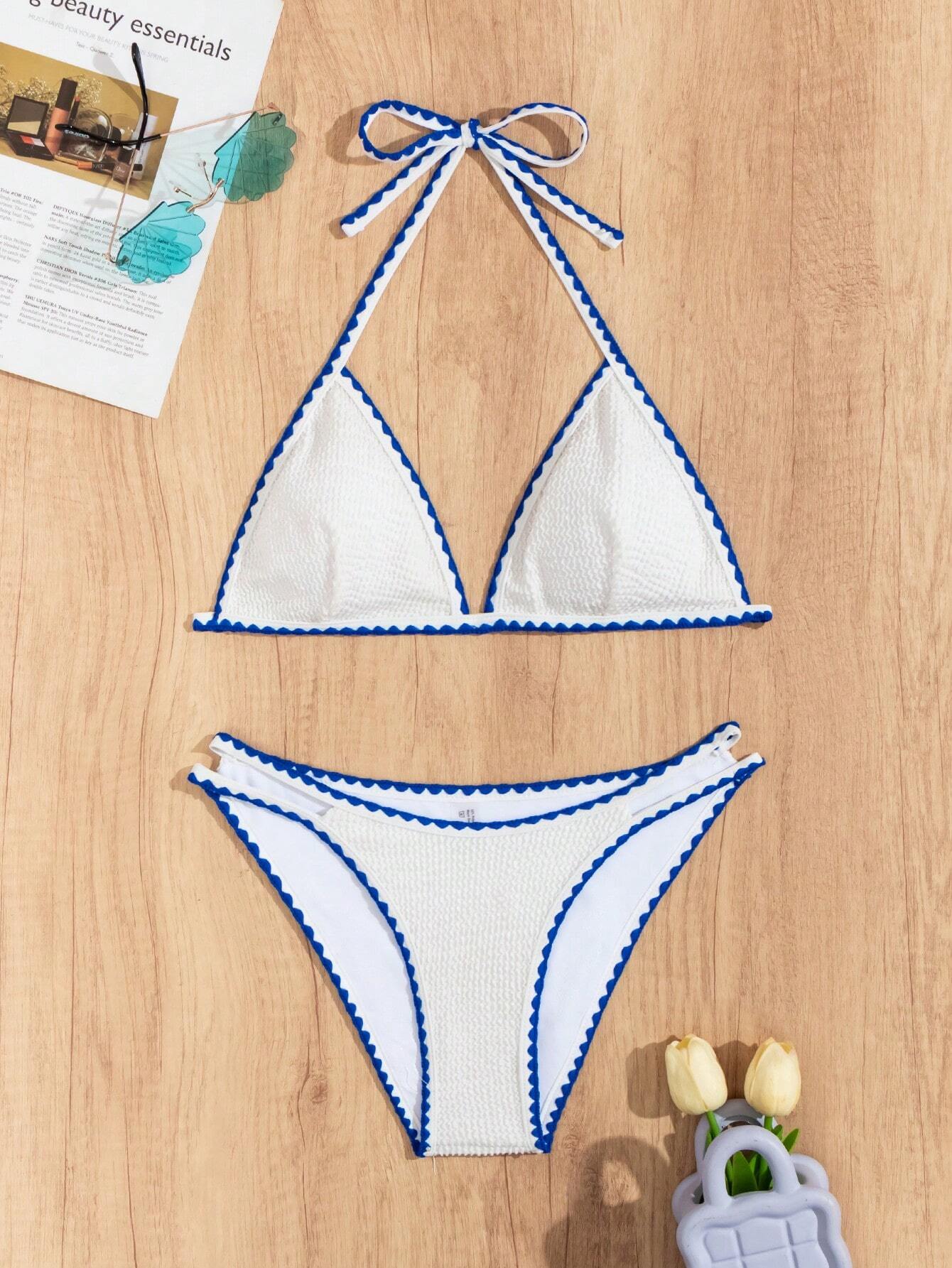 Swim Vcay Summer Beach Whip Stitch Halter Triangle Bikini Set