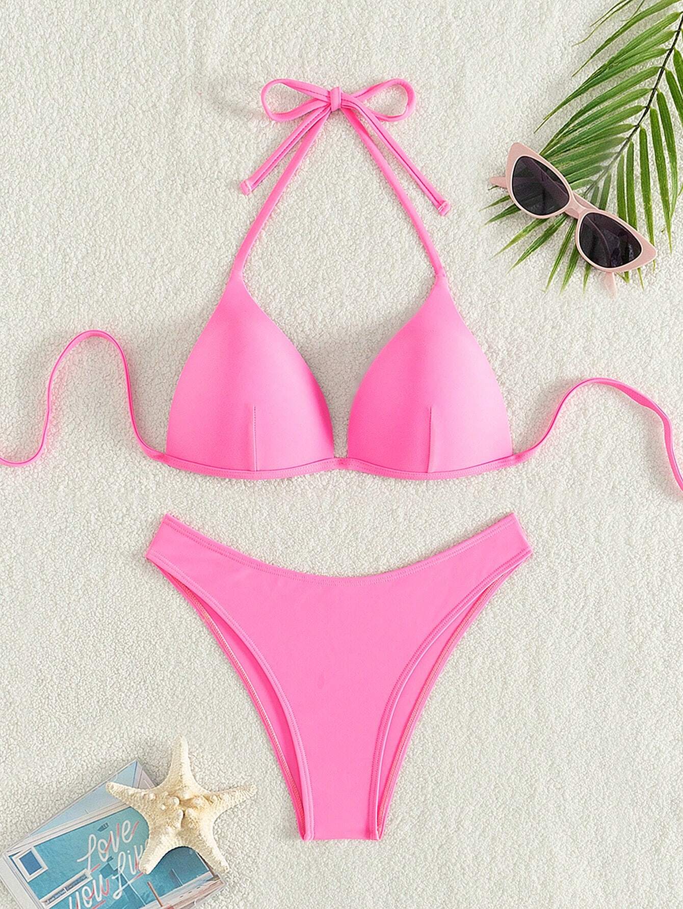 Swim Basics Summer Beach Solid Bikini Set Push Up Bra & Bikini Bottom