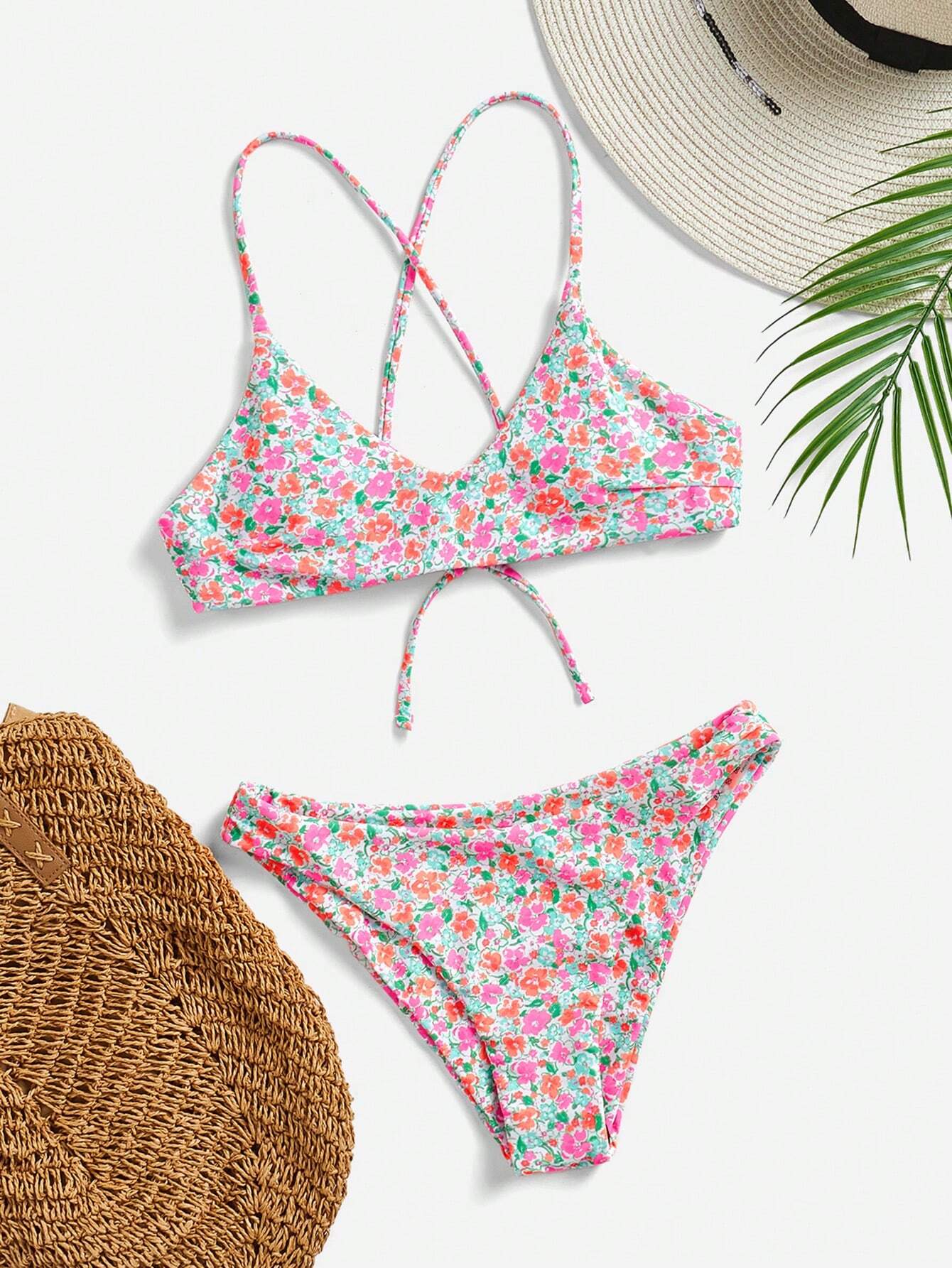 Swim Mod Ditsy Floral Casual Spaghetti Strap Bikini Swimwear, Wireless Vacation Blue Floral Summer