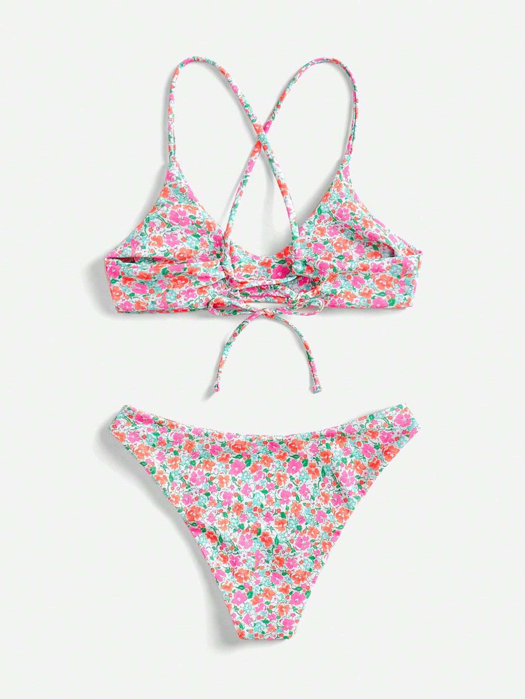 Swim Mod Ditsy Floral Casual Spaghetti Strap Bikini Swimwear, Wireless Vacation