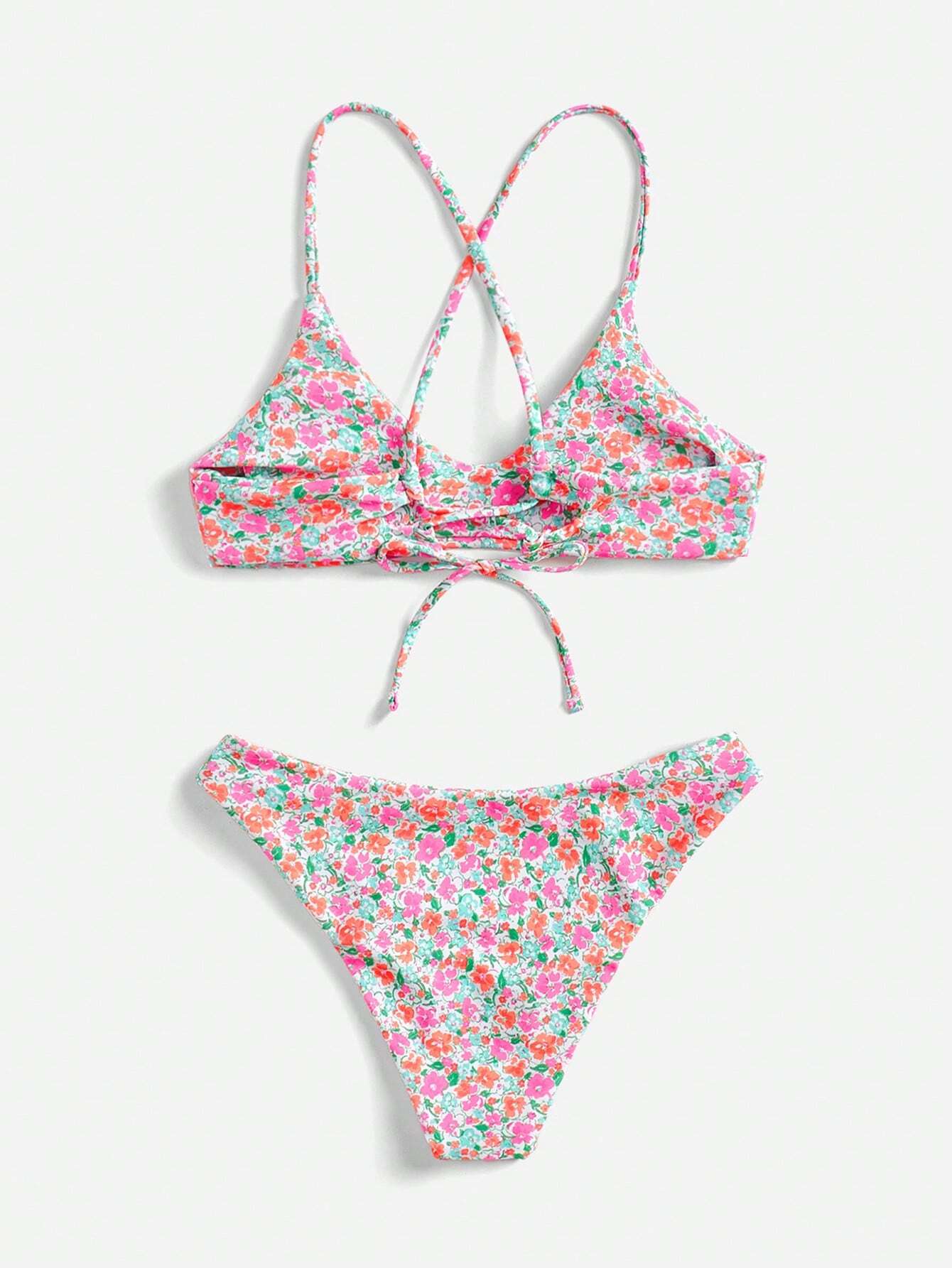 Swim Mod Ditsy Floral Casual Spaghetti Strap Bikini Swimwear, Wireless Vacation Blue Floral Summer - image 2